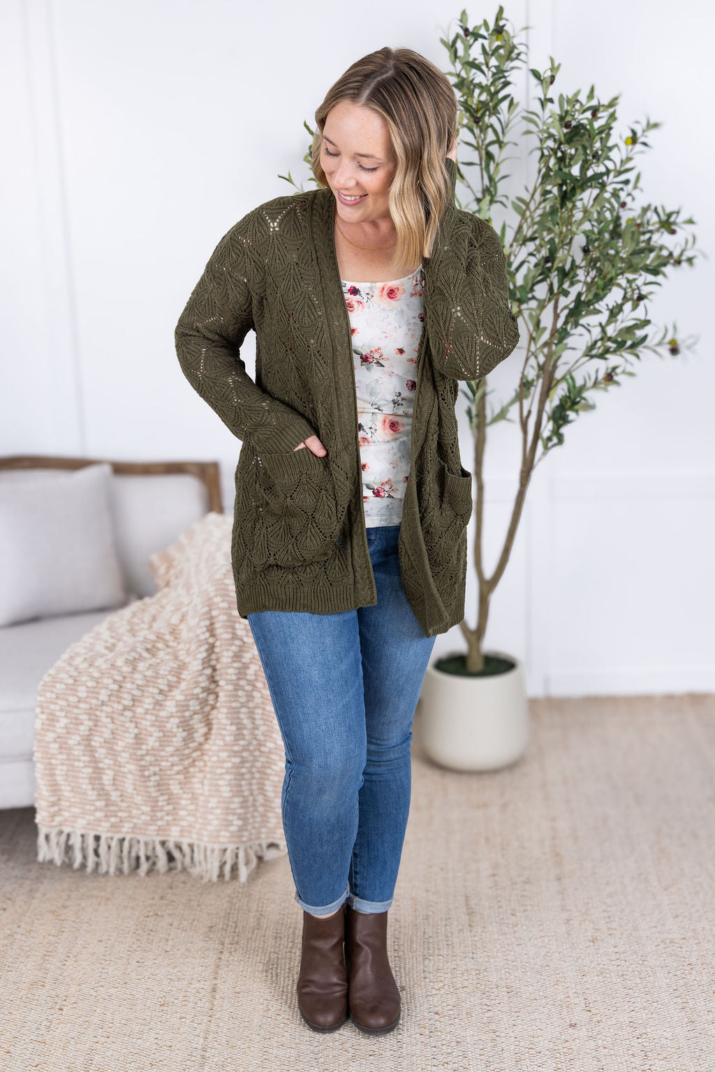 IN STOCK Open Knit Cardigan - Olive