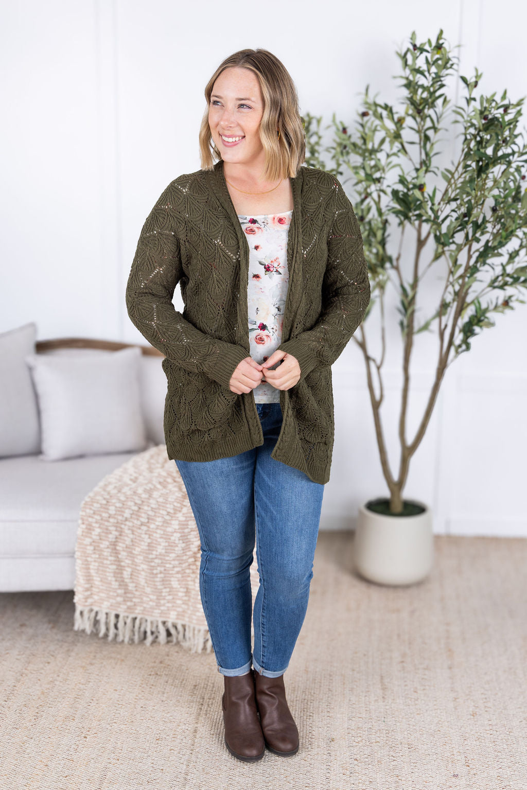 IN STOCK Open Knit Cardigan - Olive