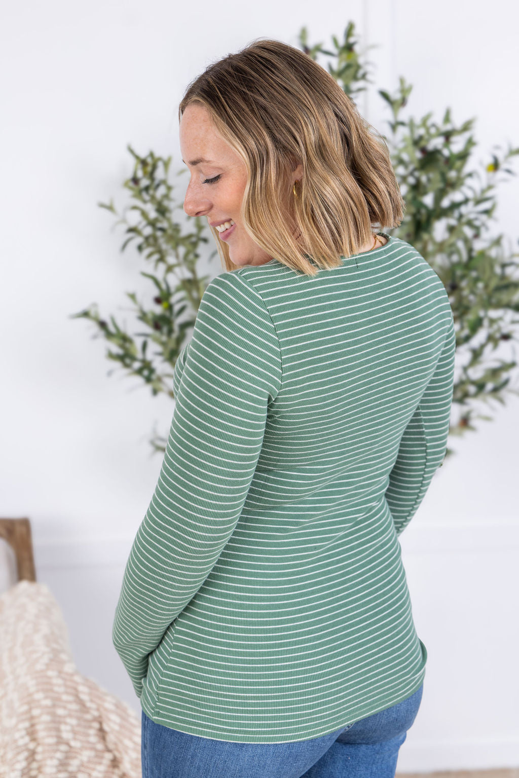IN STOCK Striped Henley Long Sleeve - Fern