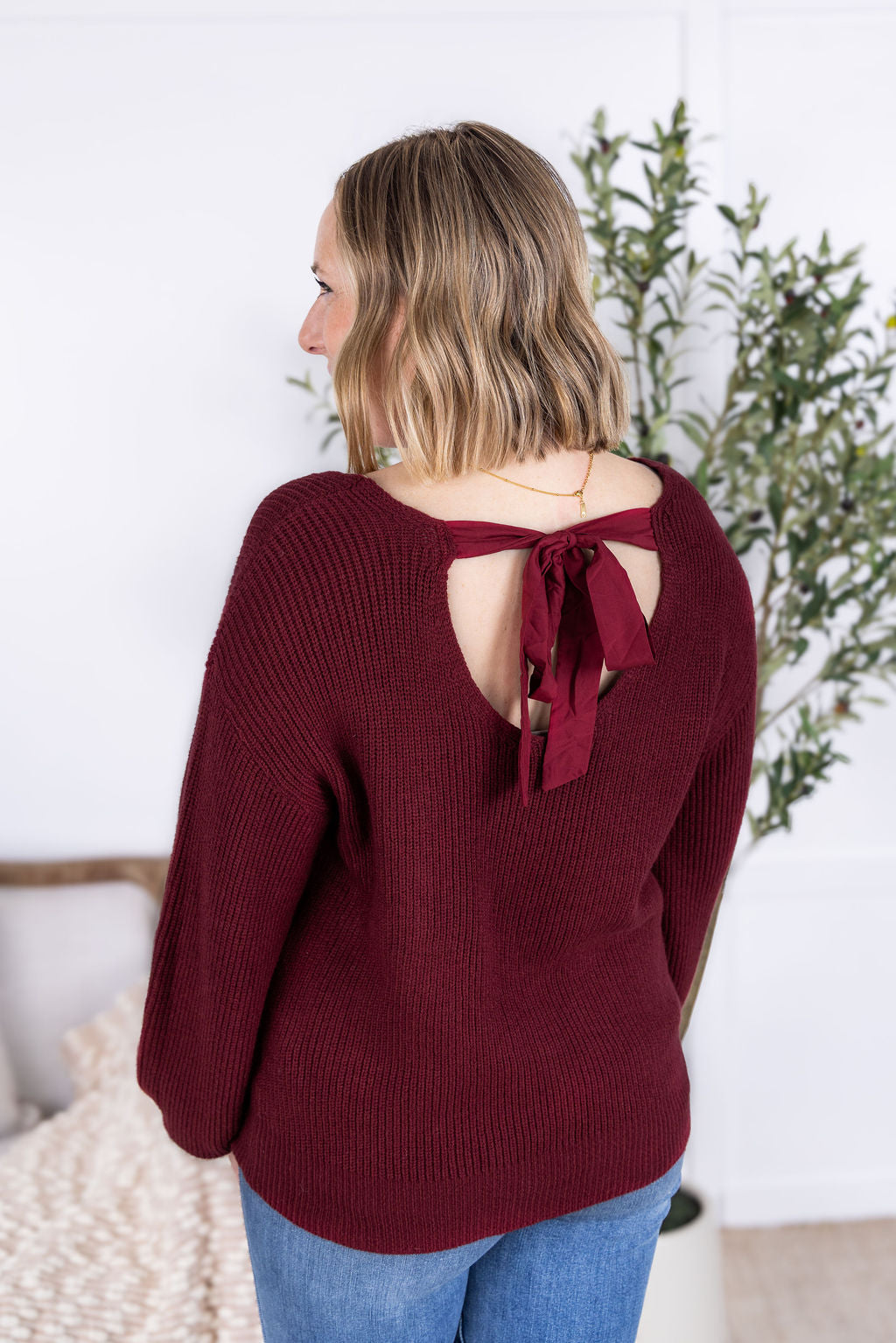 IN STOCK Bethany Bow Knit Sweater - Burgundy