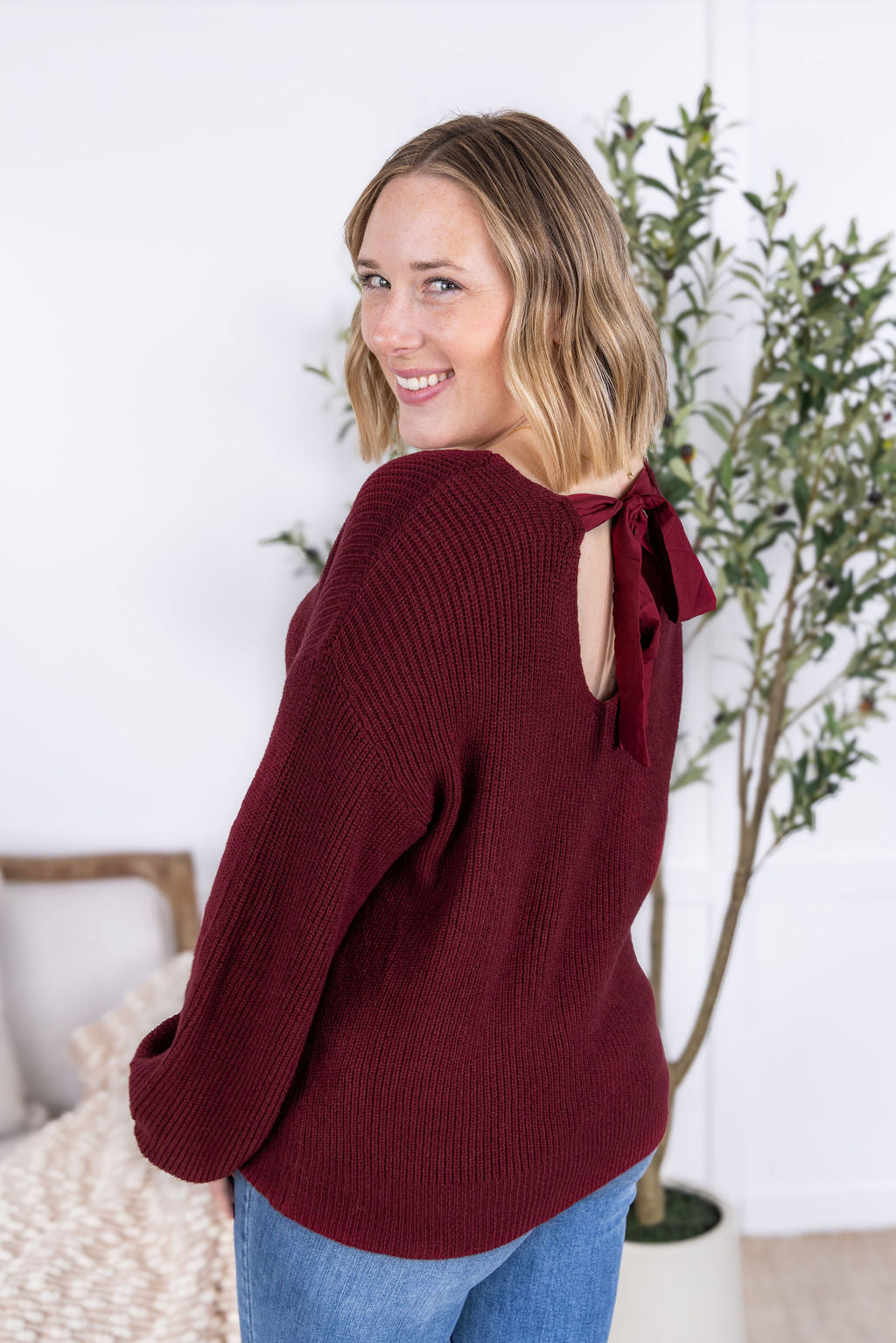 IN STOCK Bethany Bow Knit Sweater - Burgundy