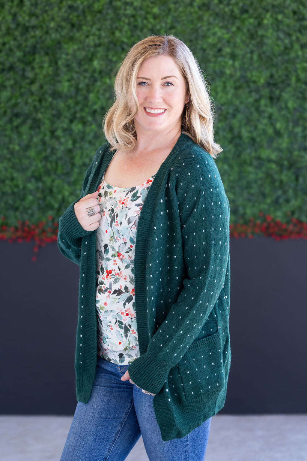 IN STOCK Dalilah Dot Cardigan - Forest Green