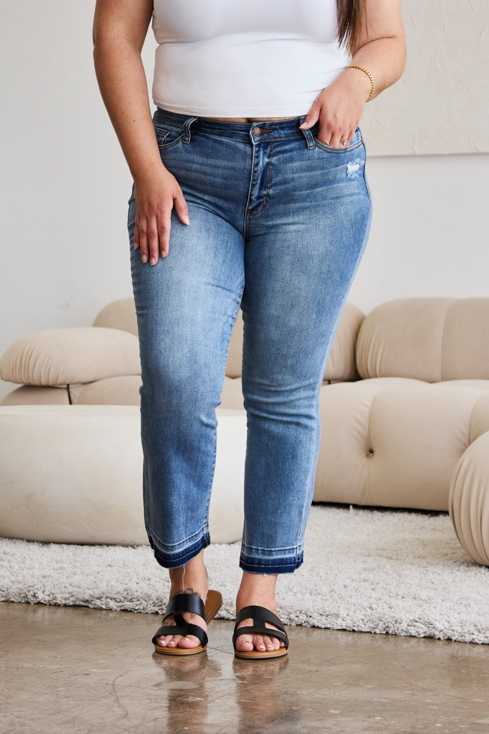 Kick It Judy Blue Full Size Release Hem Cropped Bootcut Jeans