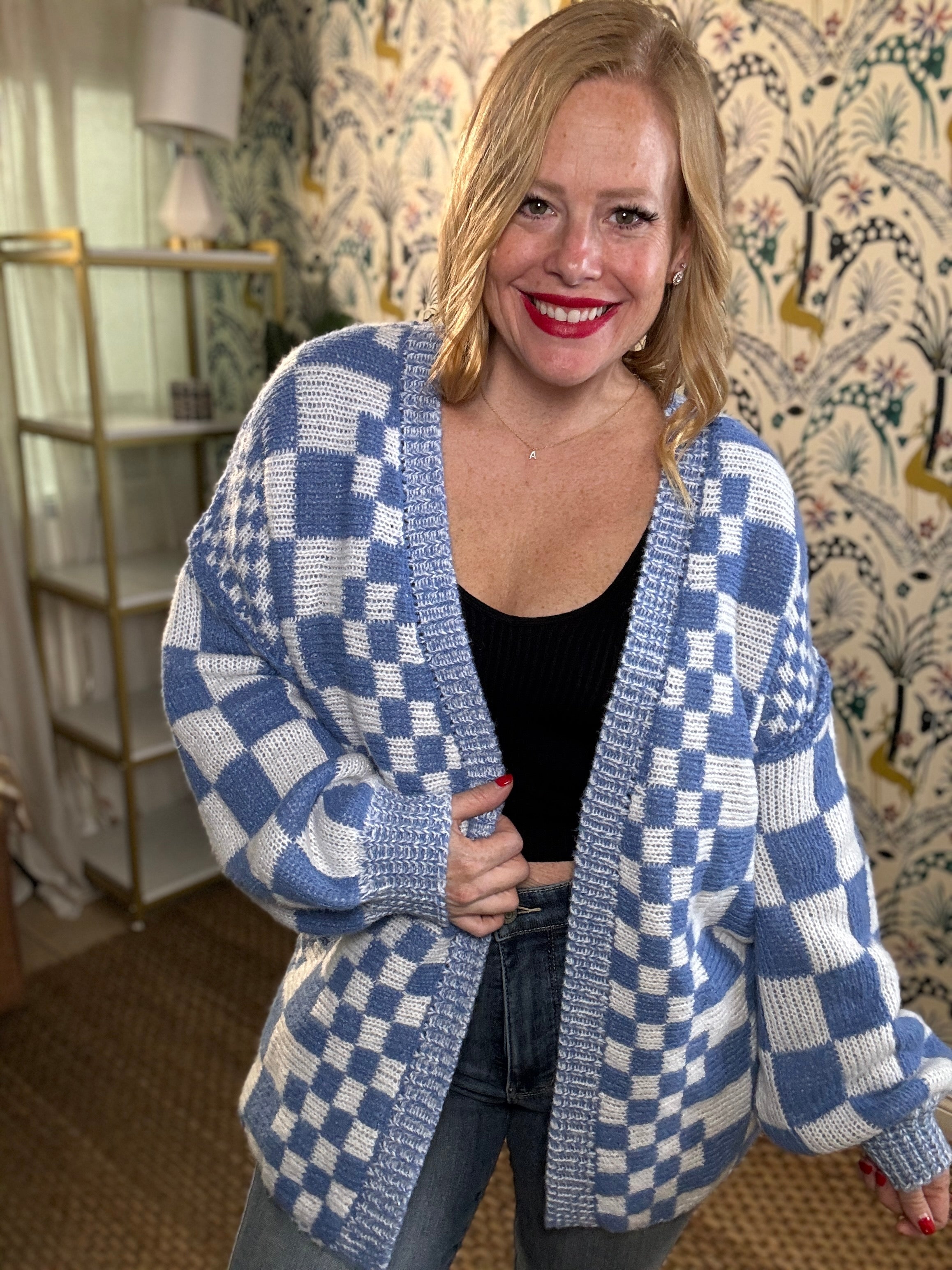 Double Take Full Size Open Front Checkered Drop Shoulder Cardigan