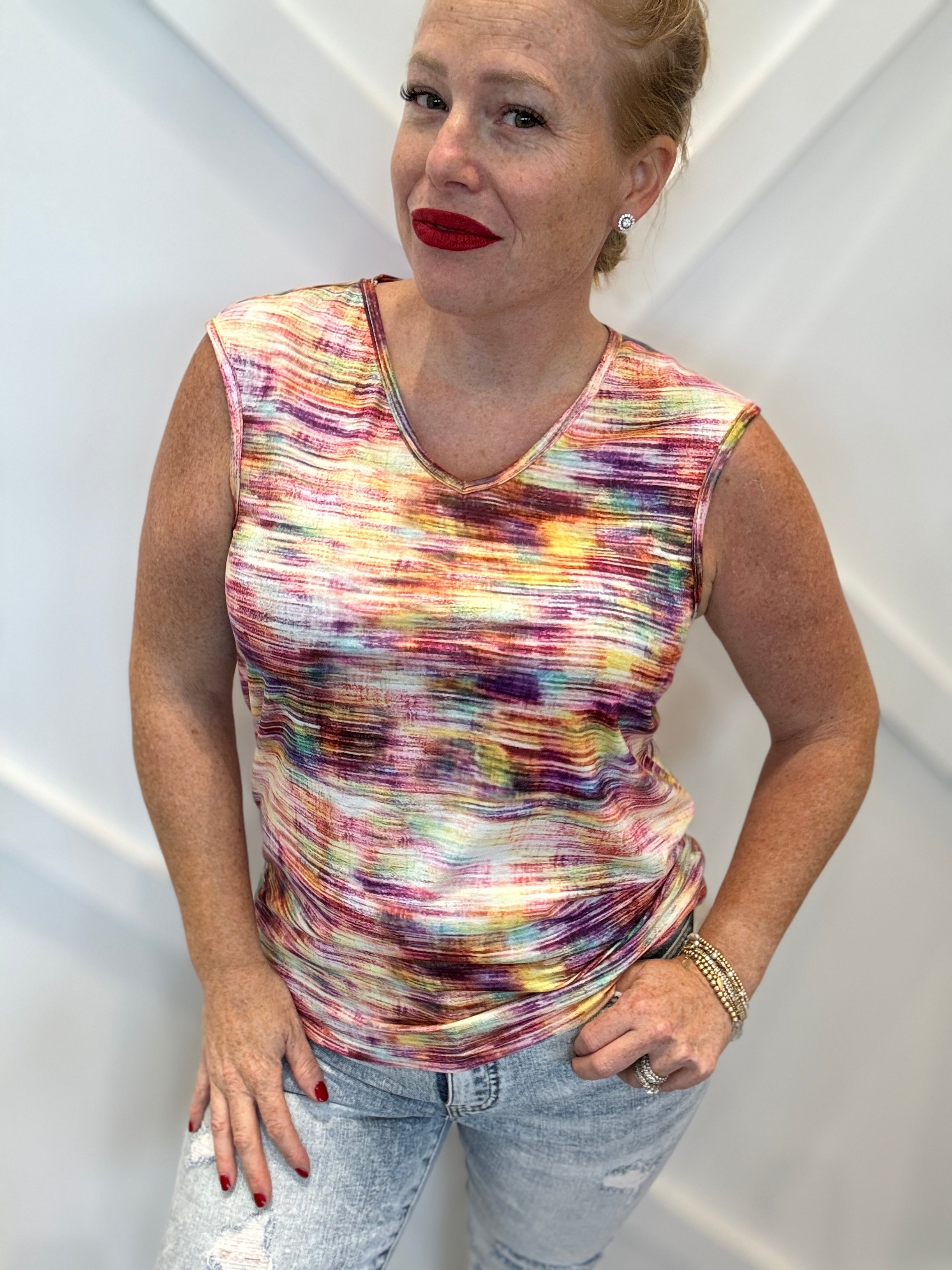 Printed Round Neck Cap Sleeve Top
