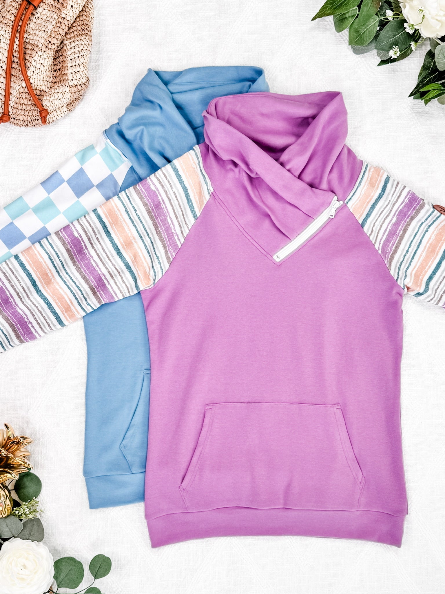 IN STOCK Zoey ZipCowl Sweatshirt - Blue and Mint Checker MM EXCLUSIVE