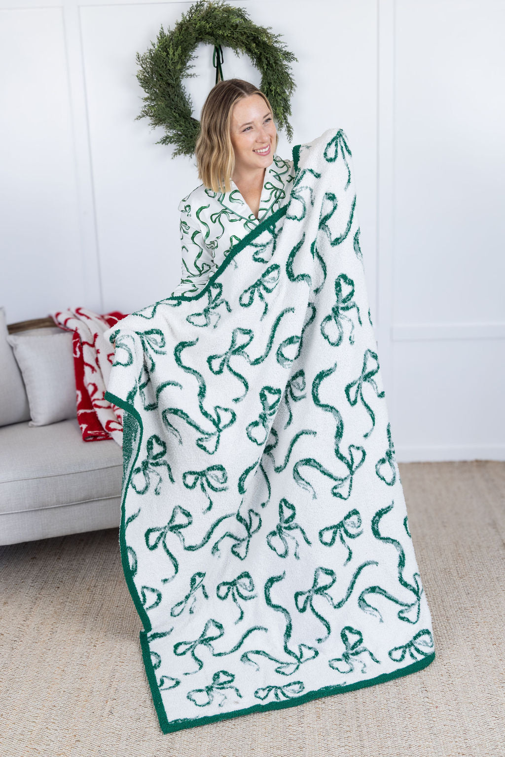 IN STOCK Plush and Fuzzy Blanket - White and Green Ribbons
