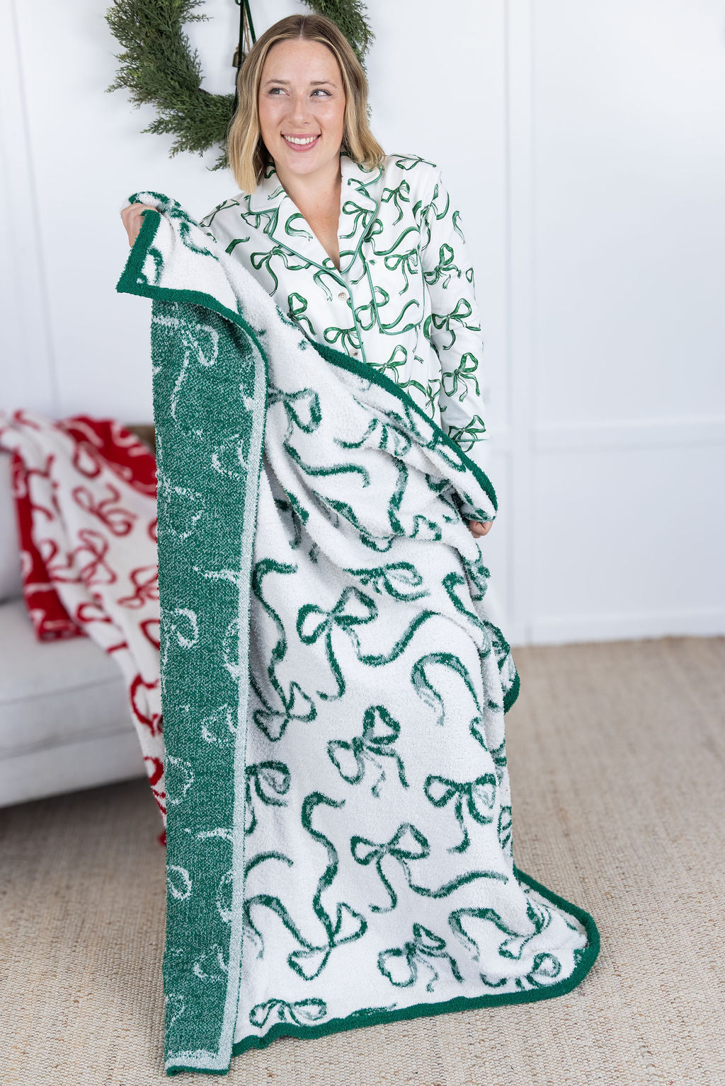 IN STOCK Plush and Fuzzy Blanket - White and Green Ribbons