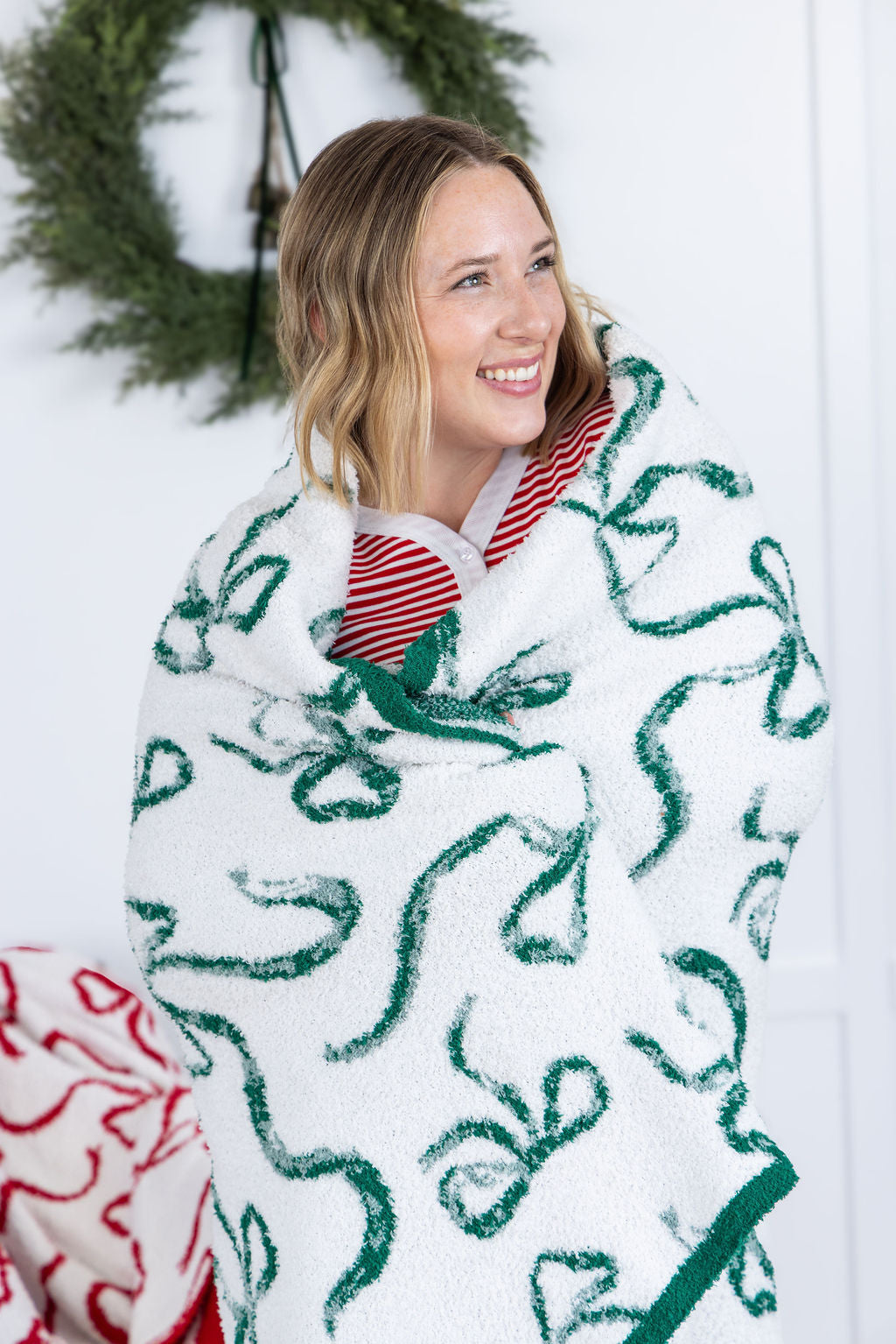 IN STOCK Plush and Fuzzy Blanket - White and Green Ribbons