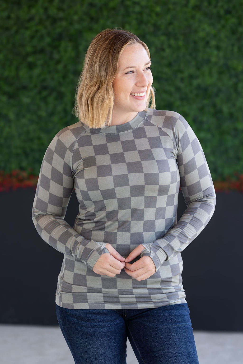 IN STOCK Blair Long Sleeve Top - Olive Checkers