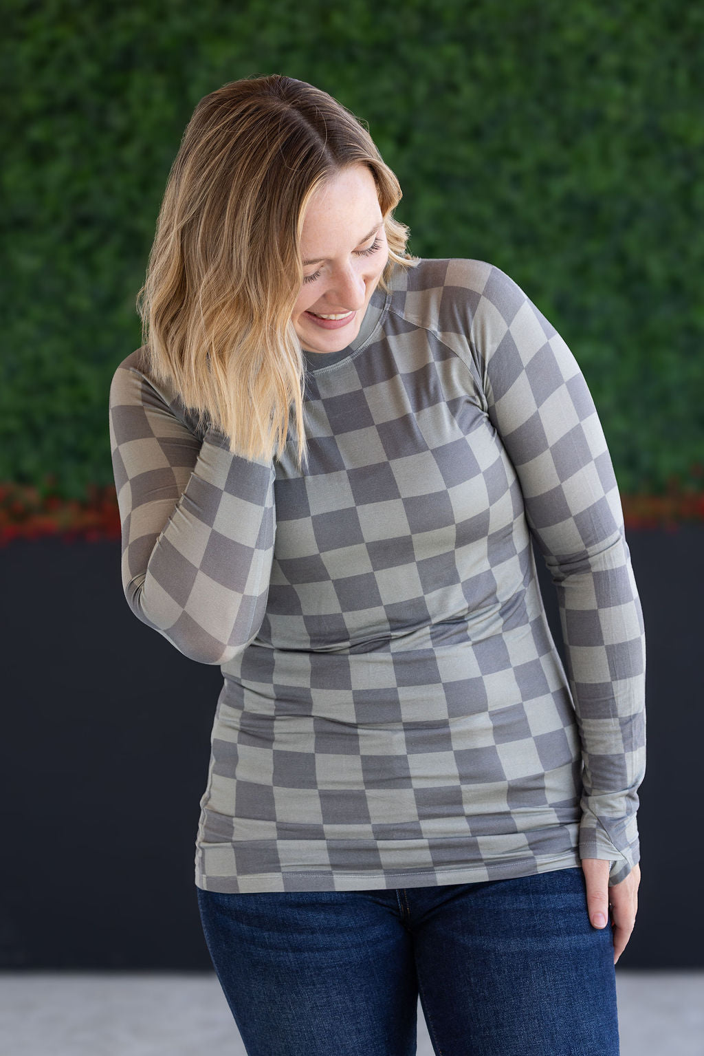IN STOCK Blair Long Sleeve Top - Olive Checkers
