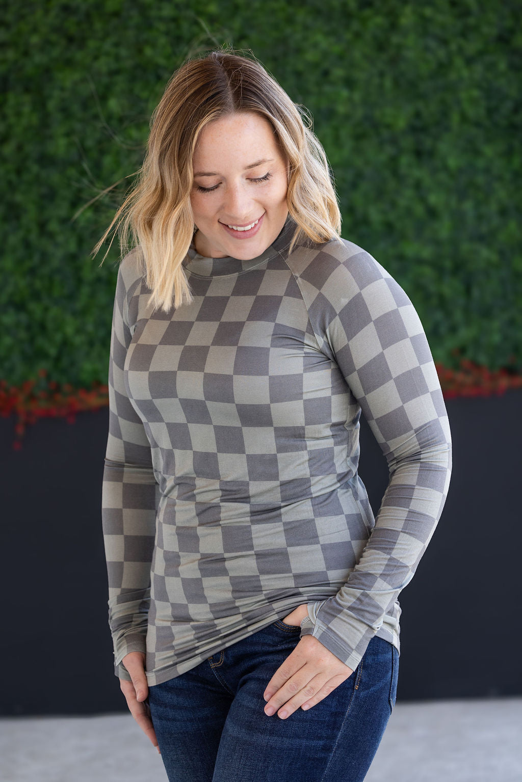 IN STOCK Blair Long Sleeve Top - Olive Checkers