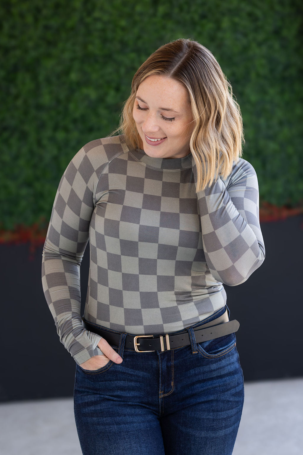 IN STOCK Blair Long Sleeve Top - Olive Checkers