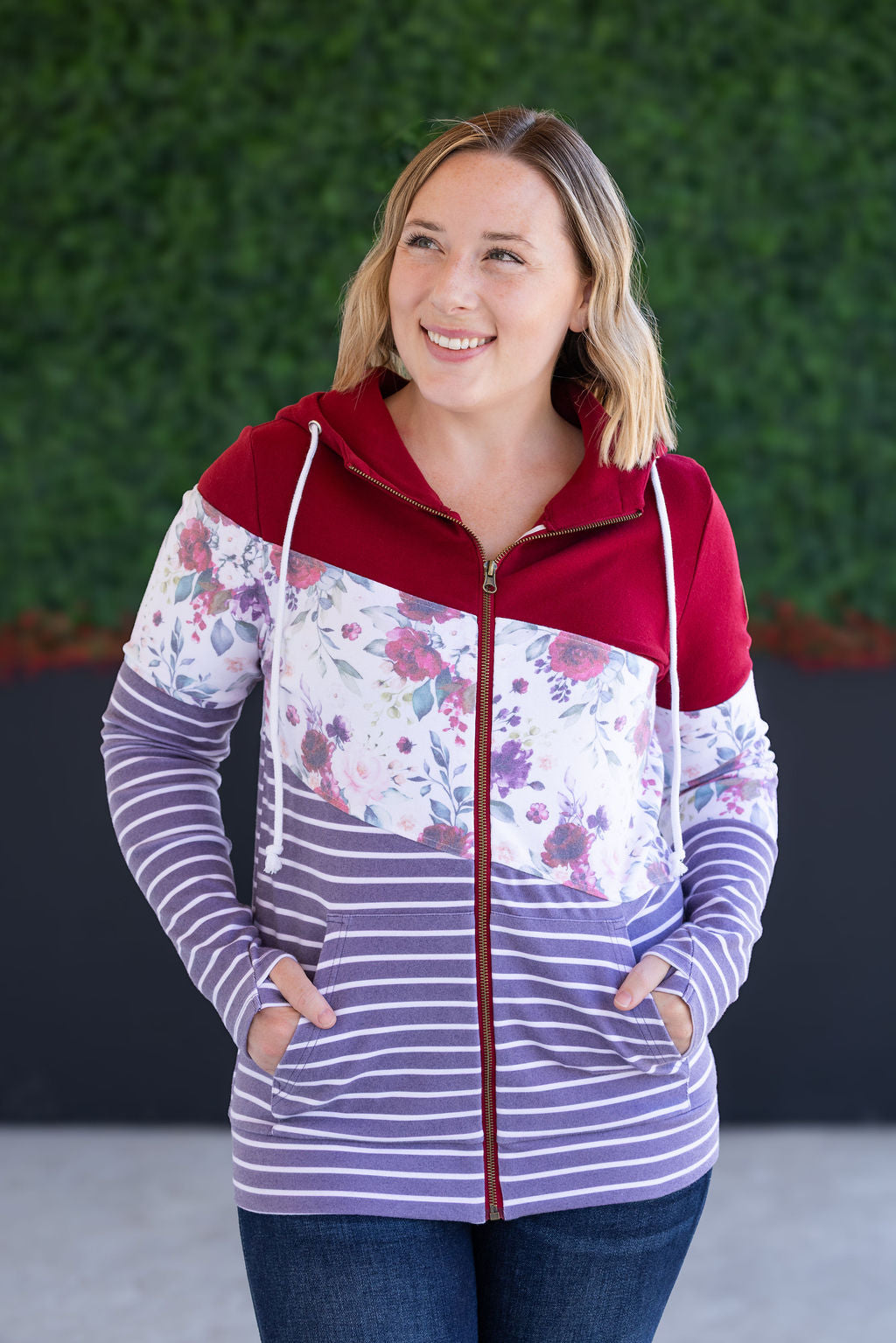 IN STOCK Colorblock Fullzip - Burgundy, Burgundy Bloom, and Plum Stripes