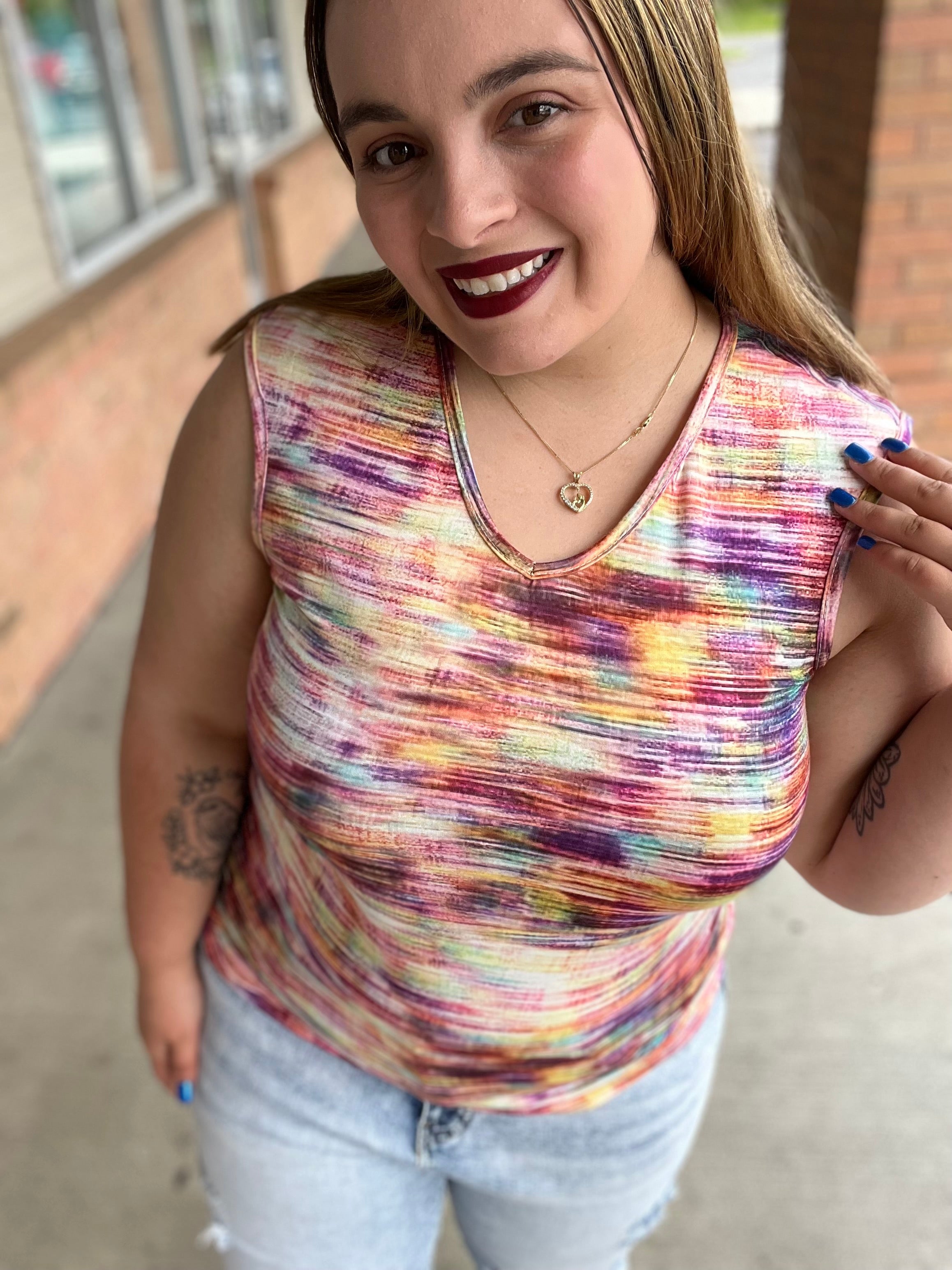 Printed Round Neck Cap Sleeve Top