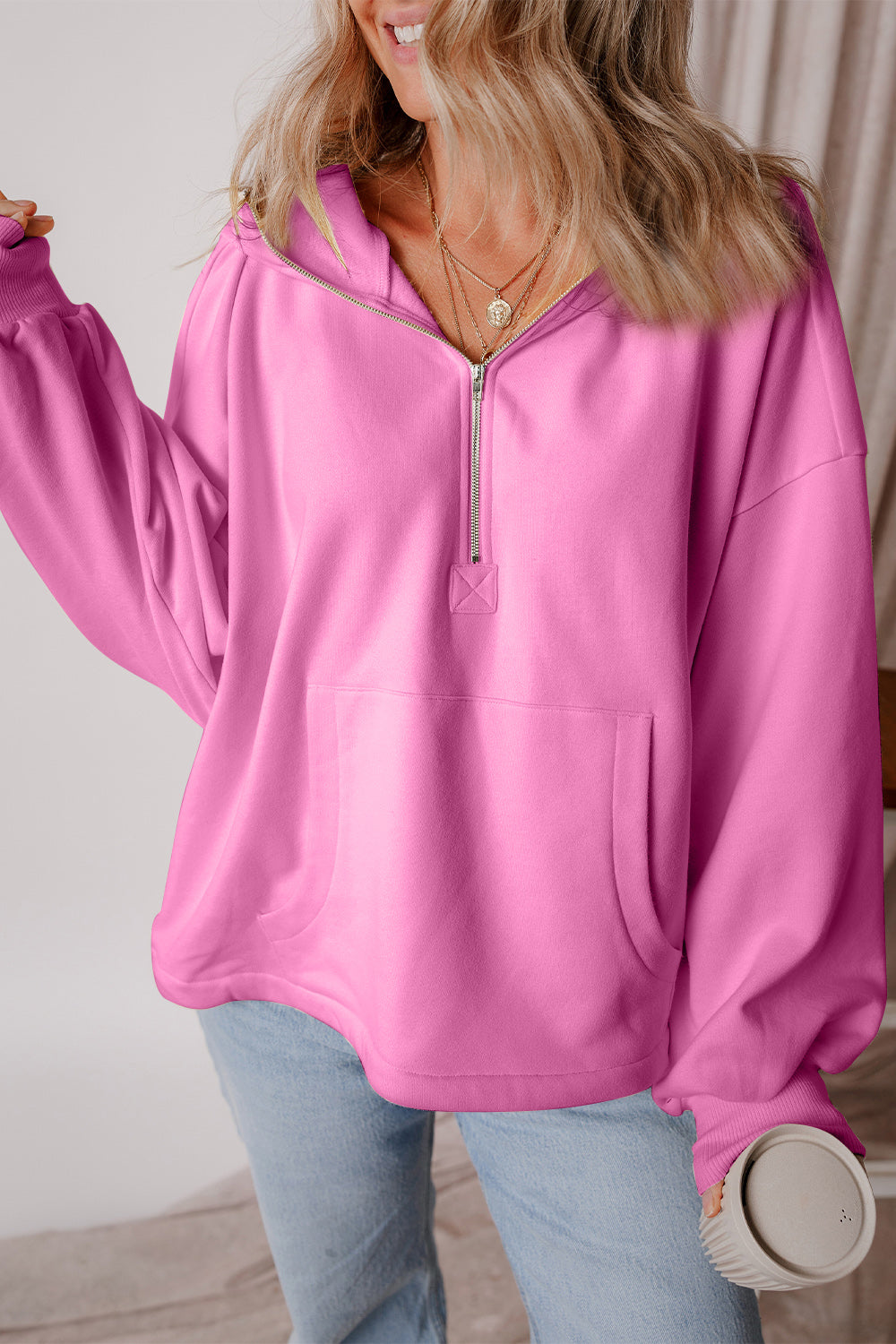 Cool Your Jets Pocketed Half Zip Dropped Shoulder Hoodie - 10 Colors