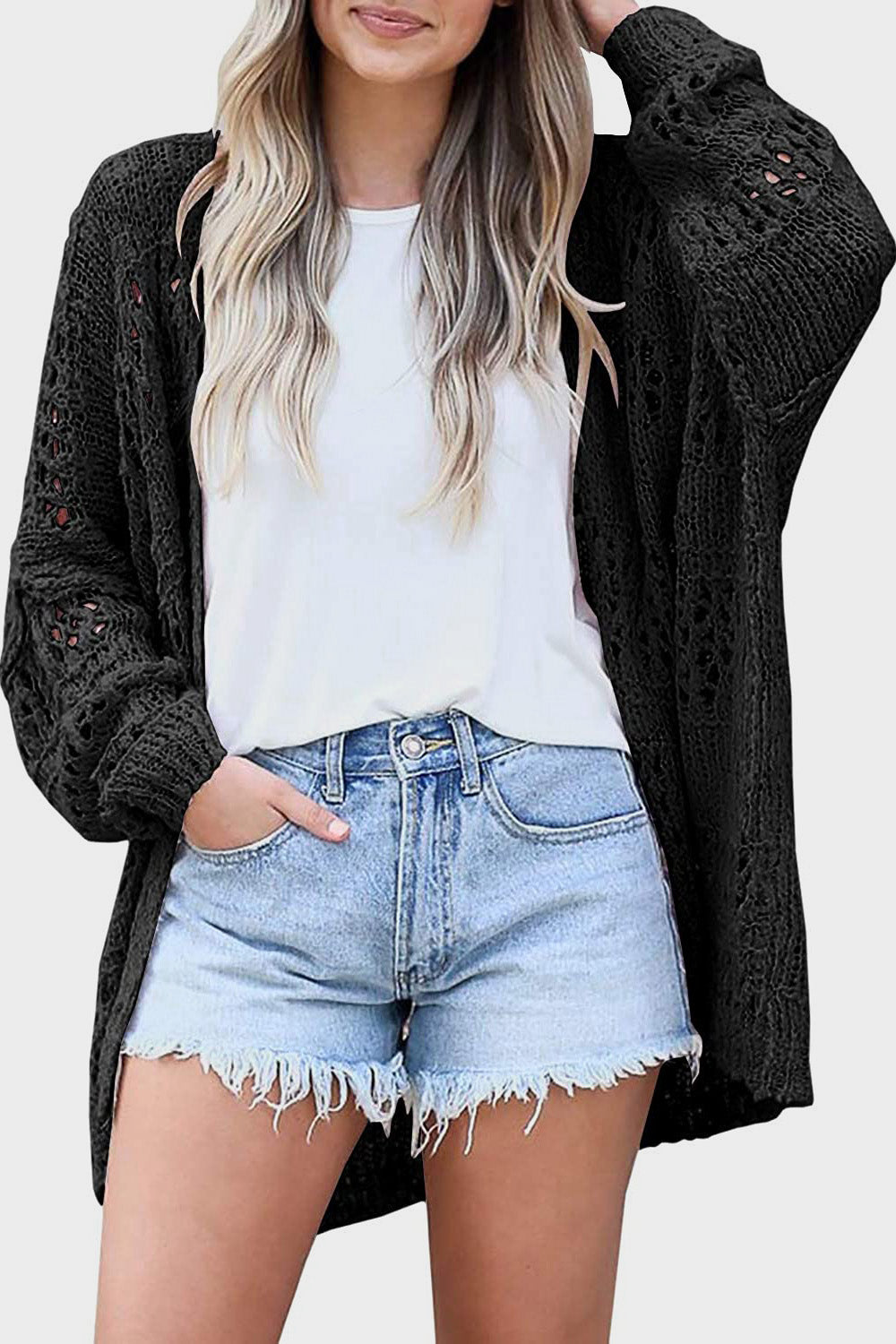 Openwork Open Front Long Sleeve Cardigan in 6 colors