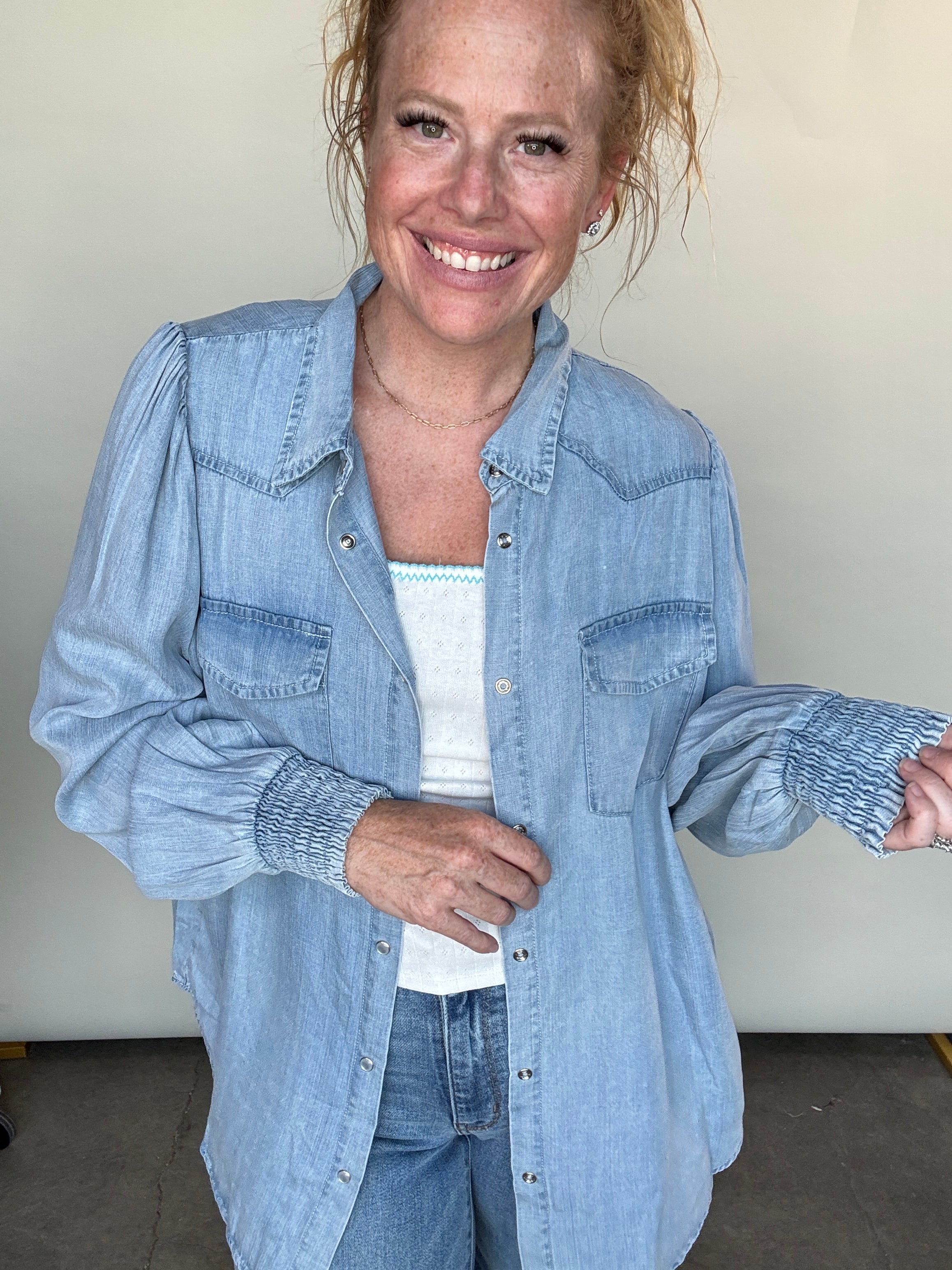 Chambray All Day Shacket by White Birch