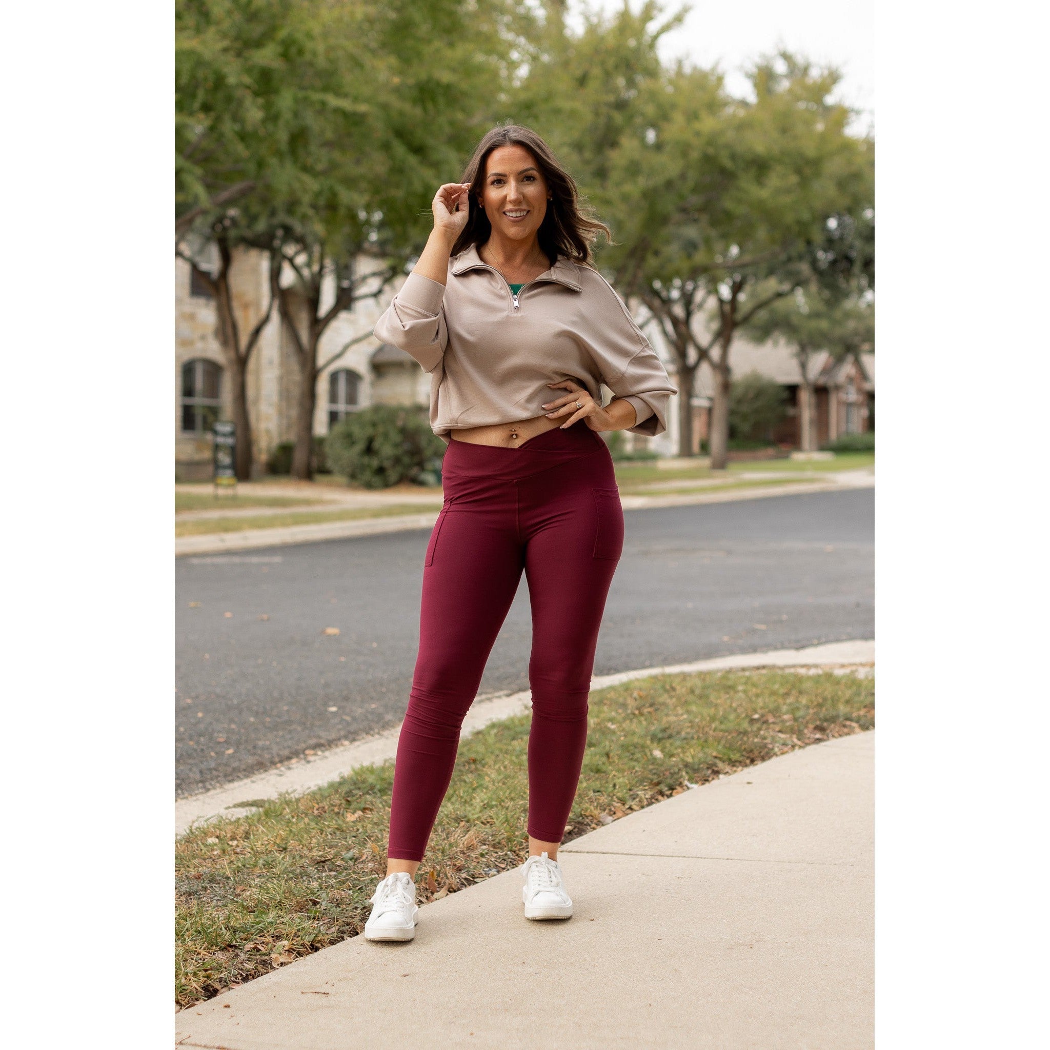 The Molly - MAROON Crossover Full Length Leggings with Pockets  - Luxe Leggings by Julia Rose®