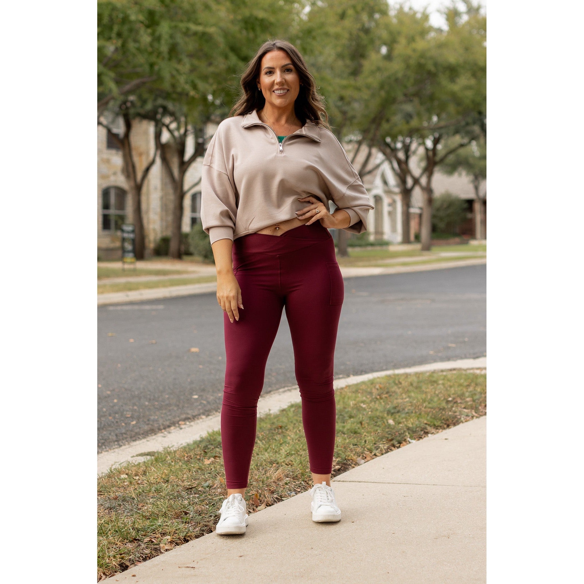 The Molly - MAROON Crossover Full Length Leggings with Pockets  - Luxe Leggings by Julia Rose®