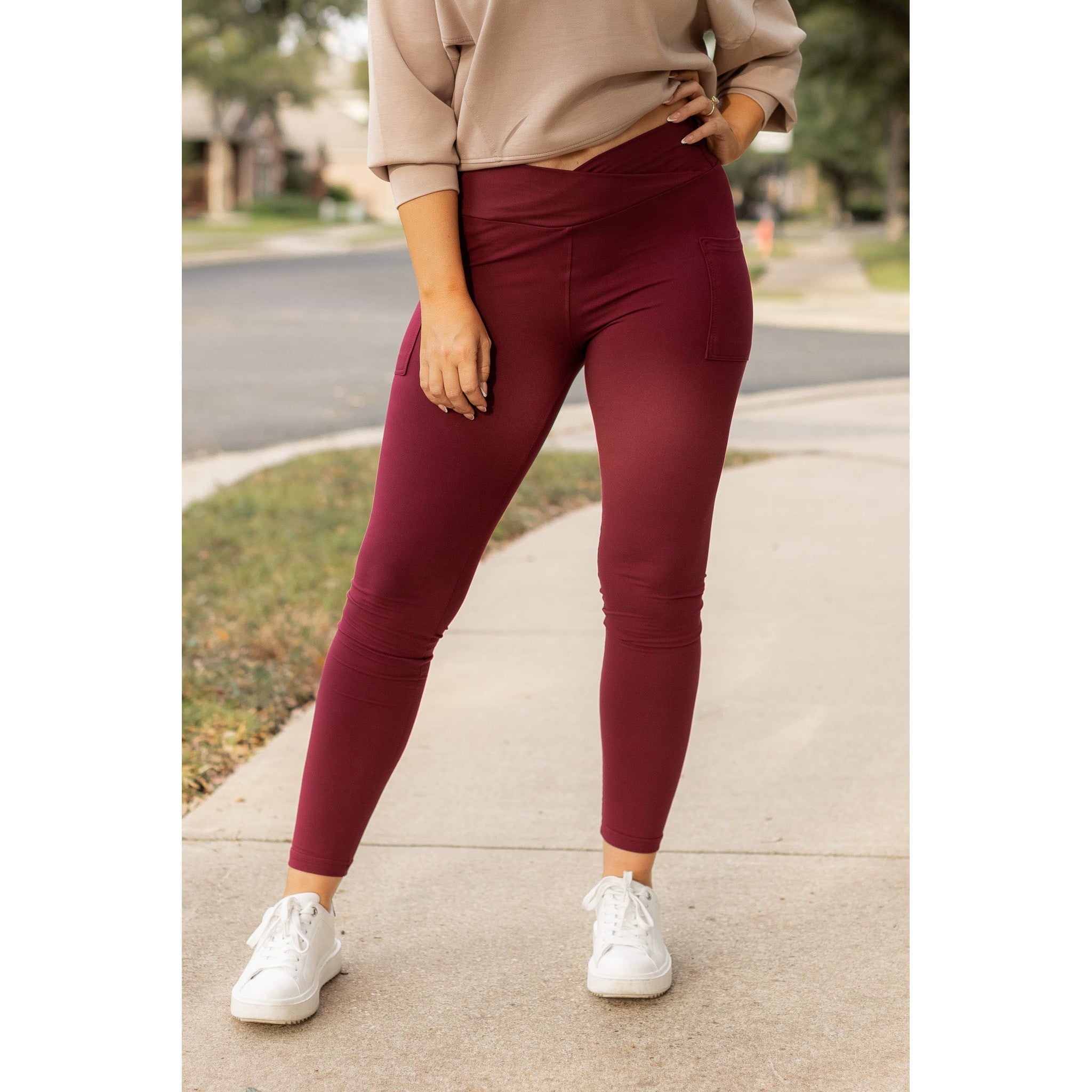 The Molly - MAROON Crossover Full Length Leggings with Pockets  - Luxe Leggings by Julia Rose®