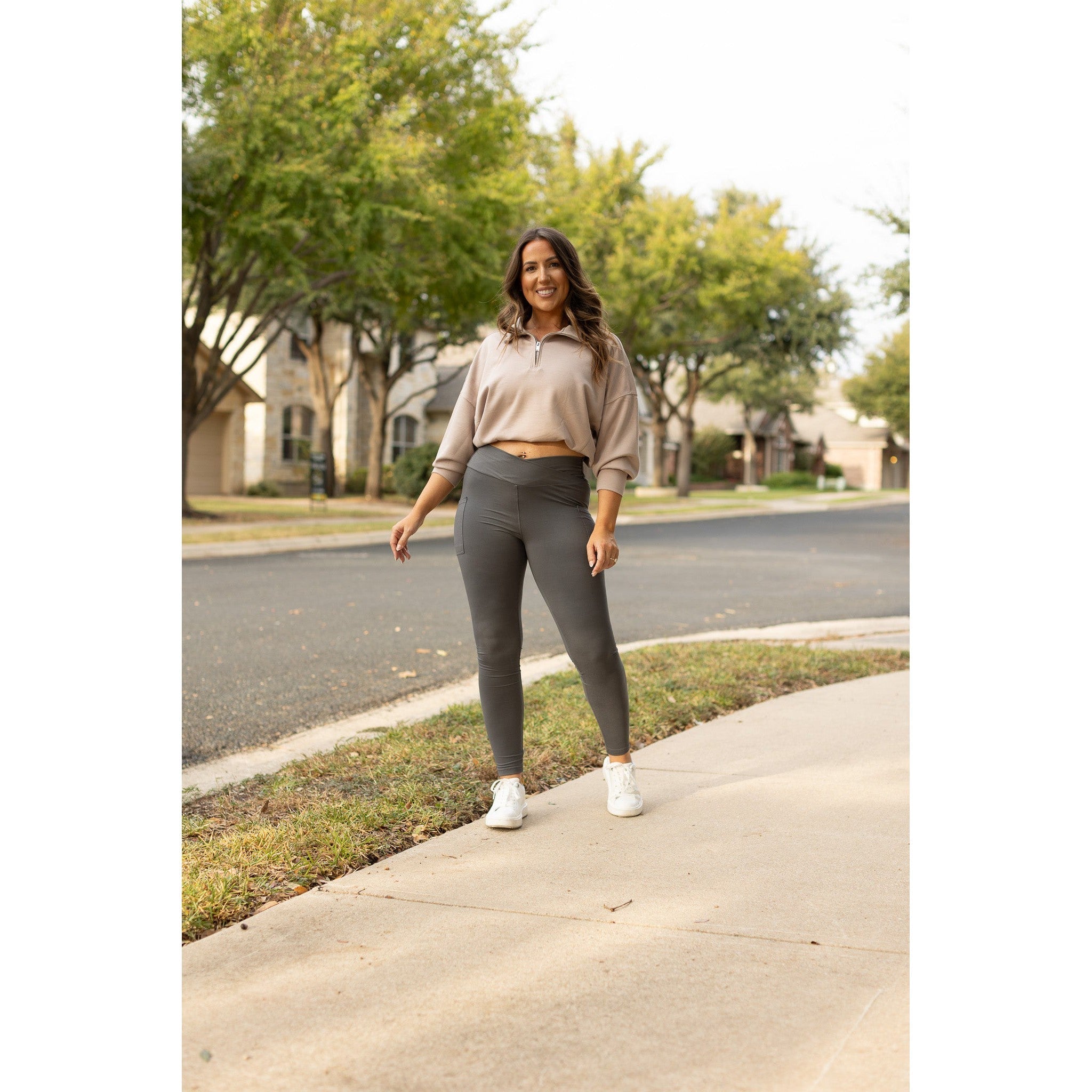 The Caitlin - CHARCOAL Crossover Full Length Leggings with Pockets  - Luxe Leggings by Julia Rose®