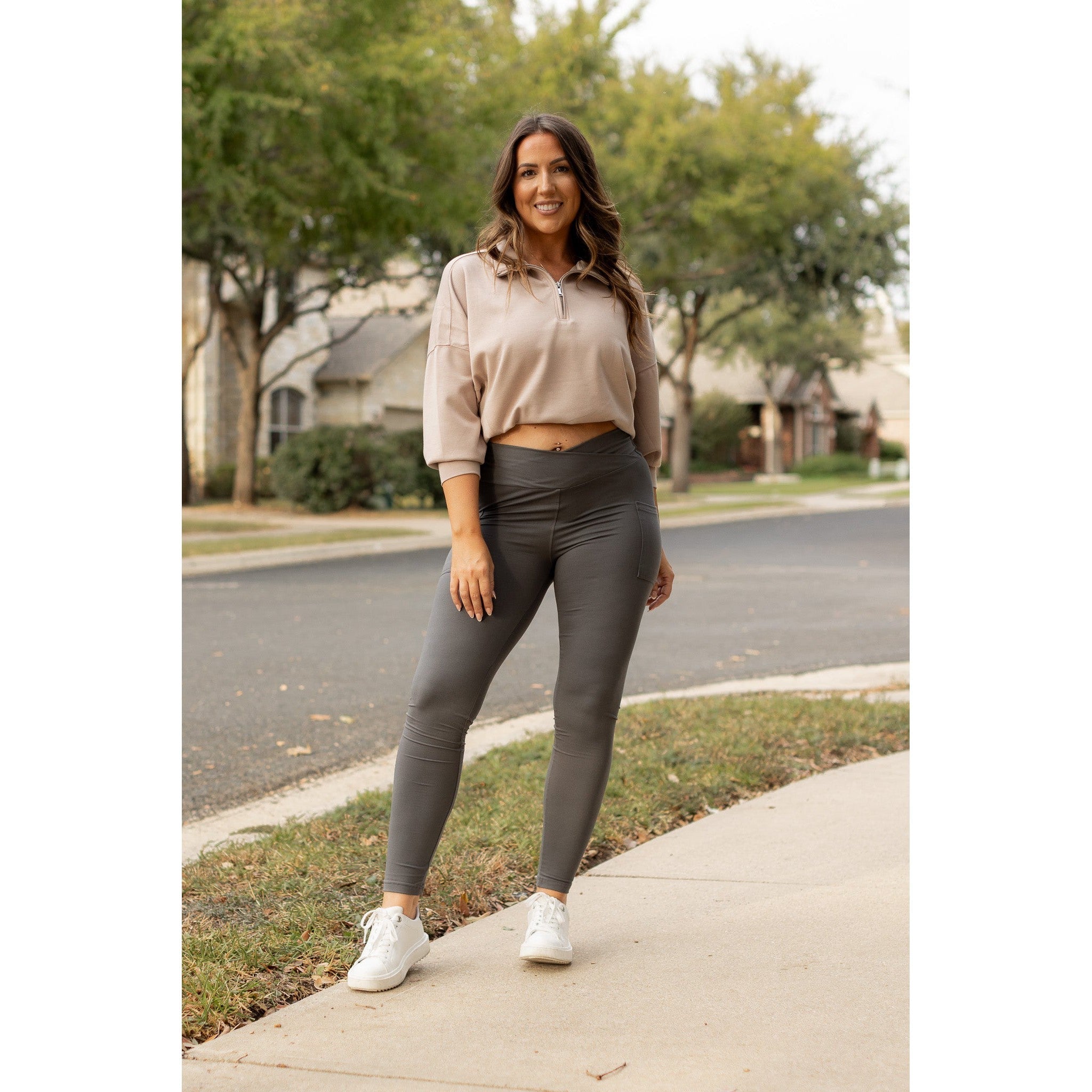 The Caitlin - CHARCOAL Crossover Full Length Leggings with Pockets  - Luxe Leggings by Julia Rose®