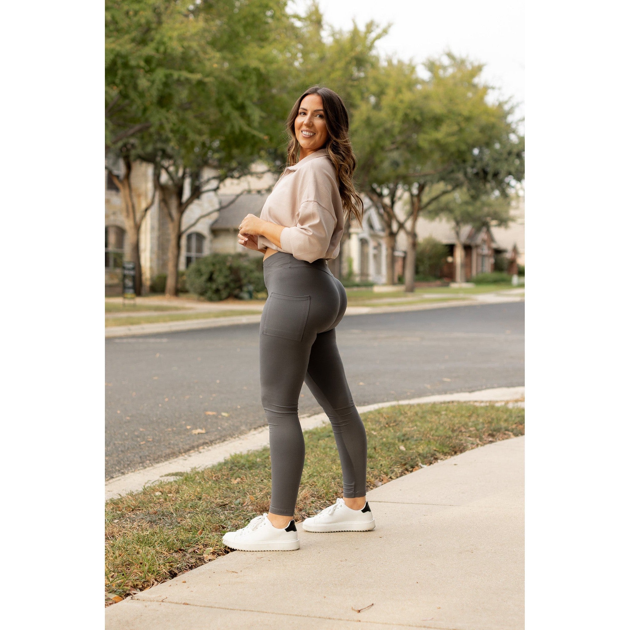 The Caitlin - CHARCOAL Crossover Full Length Leggings with Pockets  - Luxe Leggings by Julia Rose®