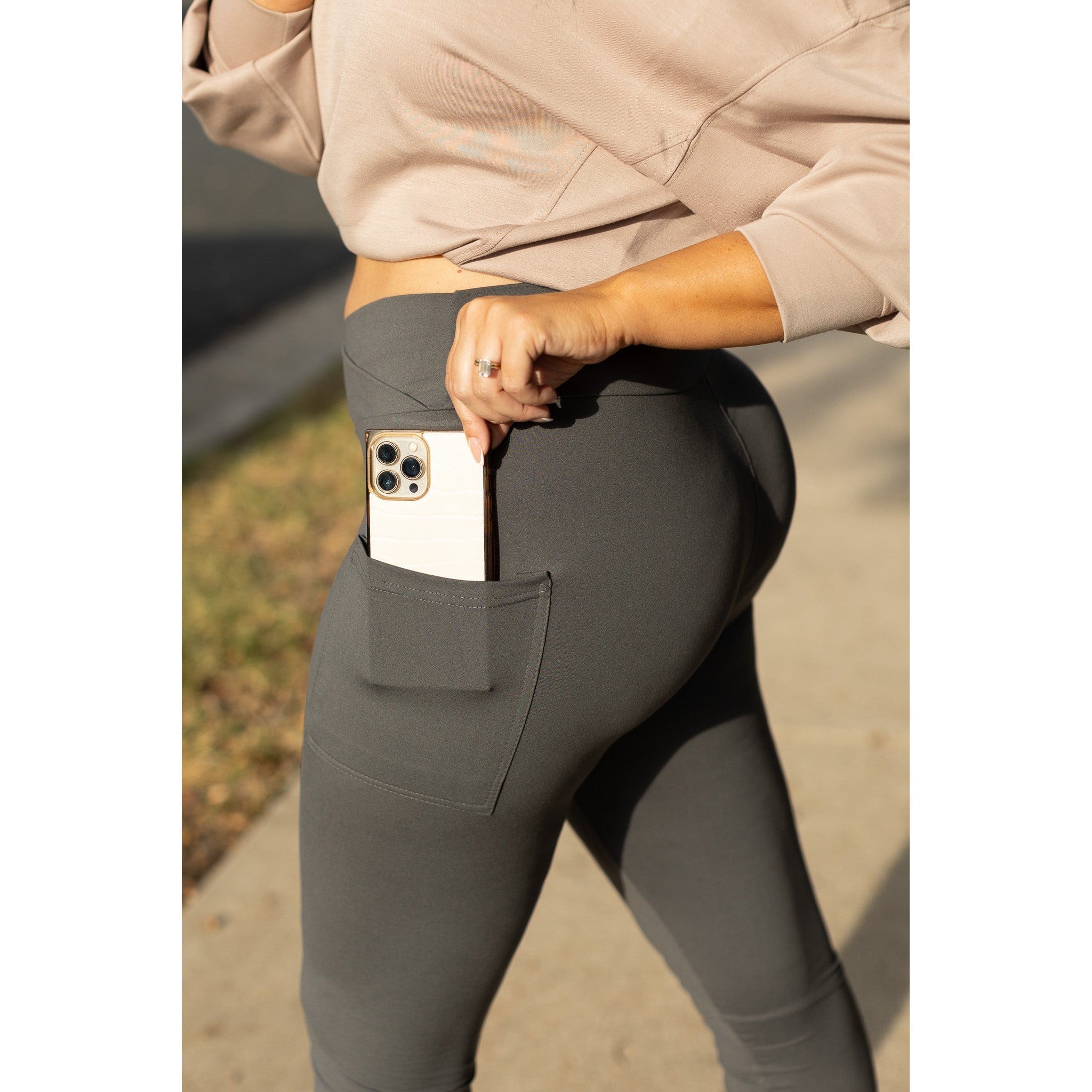 The Caitlin - CHARCOAL Crossover Full Length Leggings with Pockets  - Luxe Leggings by Julia Rose®