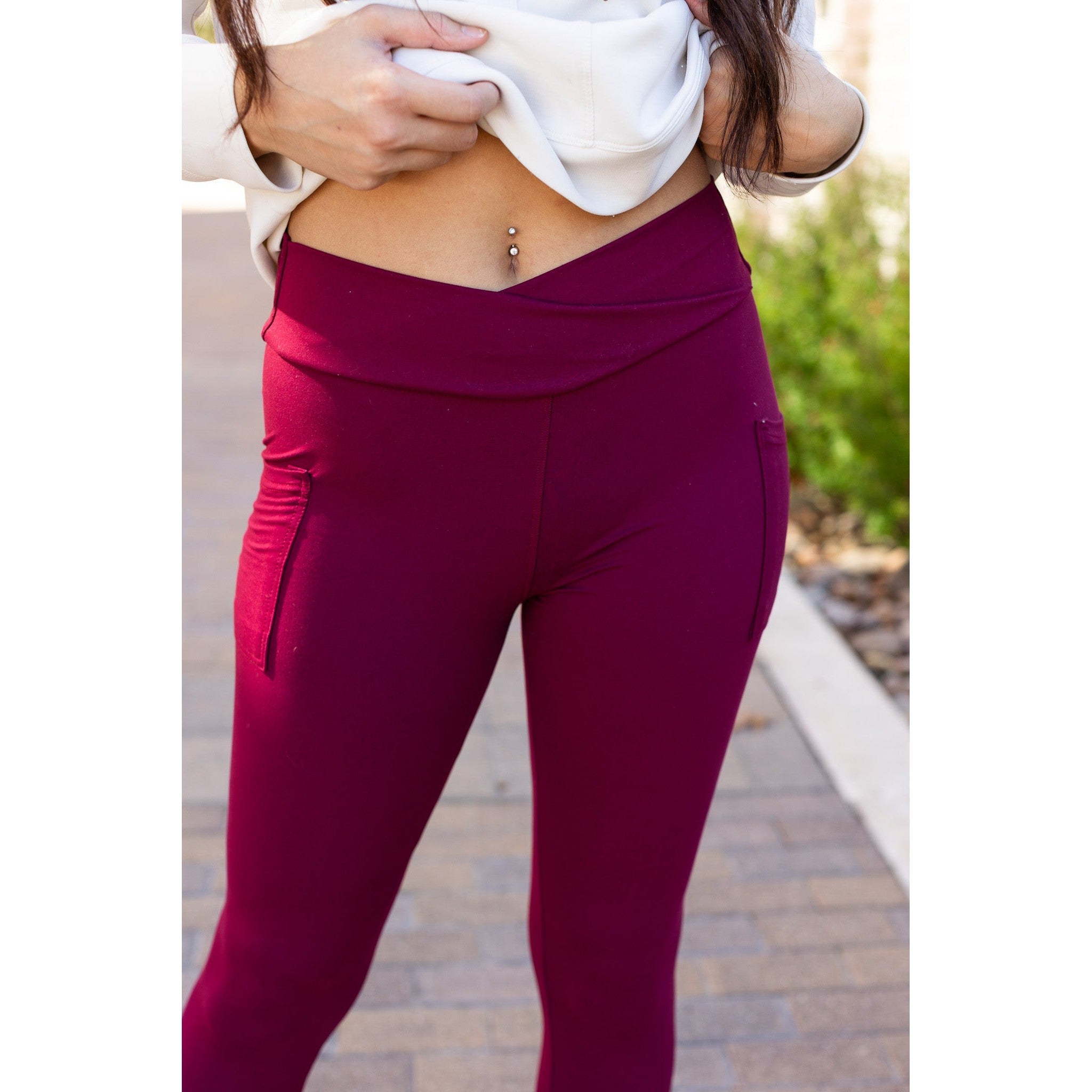 The Molly - MAROON Crossover Full Length Leggings with Pockets  - Luxe Leggings by Julia Rose®