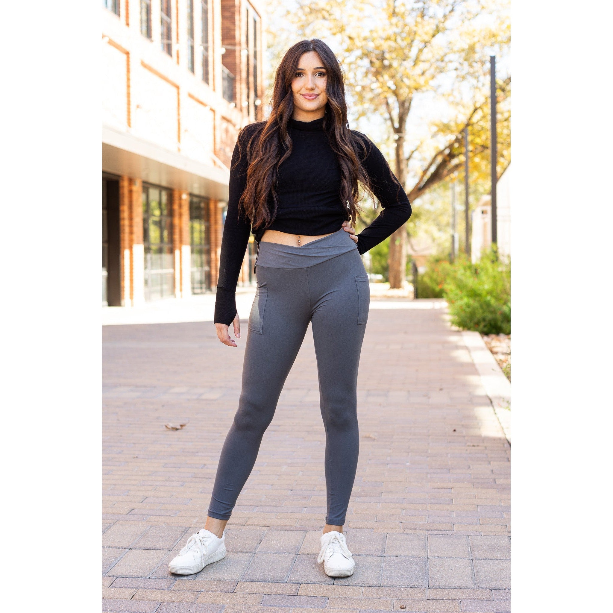 The Caitlin - CHARCOAL Crossover Full Length Leggings with Pockets  - Luxe Leggings by Julia Rose®