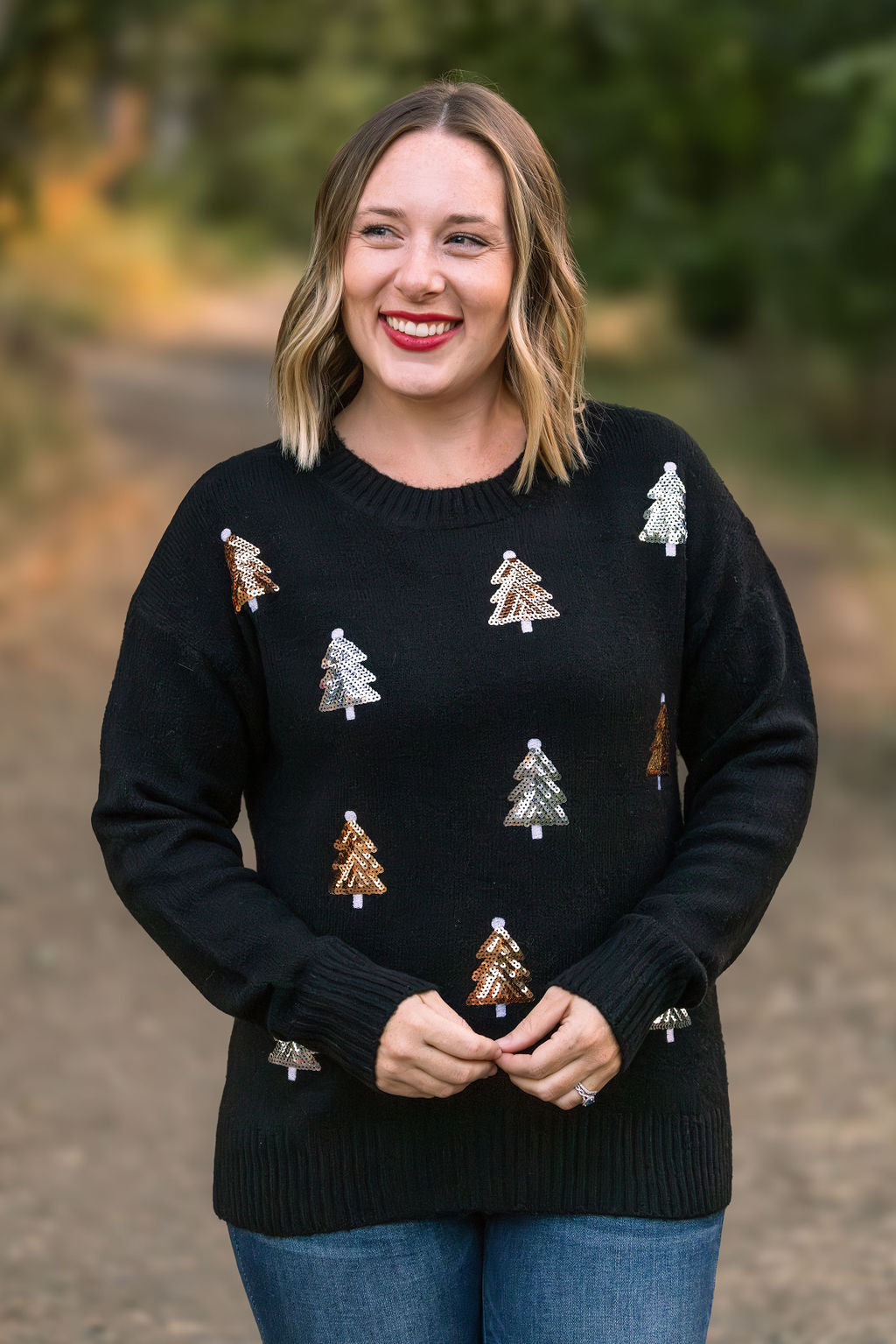 IN STOCK Holly Jolly Sweater - Gold + Silver Trees FINAL SALE