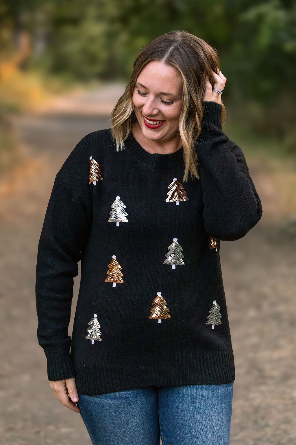 IN STOCK Holly Jolly Sweater - Gold + Silver Trees FINAL SALE