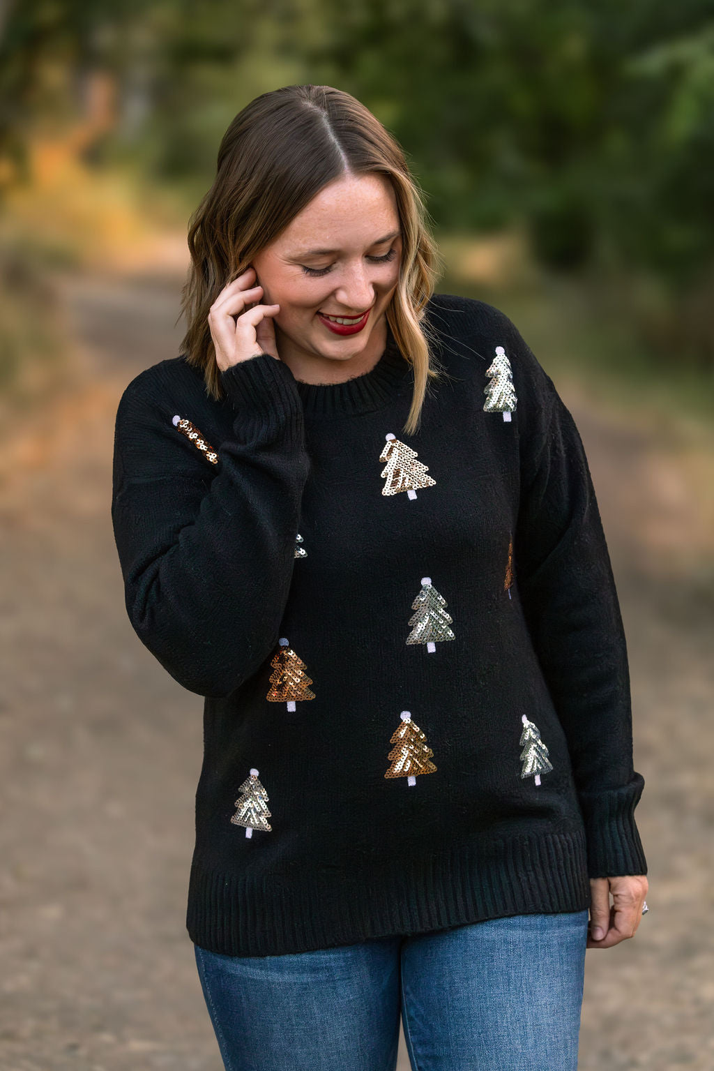 IN STOCK Holly Jolly Sweater - Gold + Silver Trees FINAL SALE