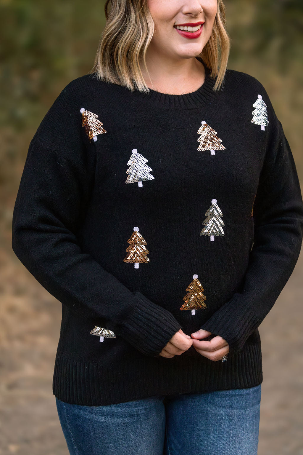 IN STOCK Holly Jolly Sweater - Gold + Silver Trees FINAL SALE