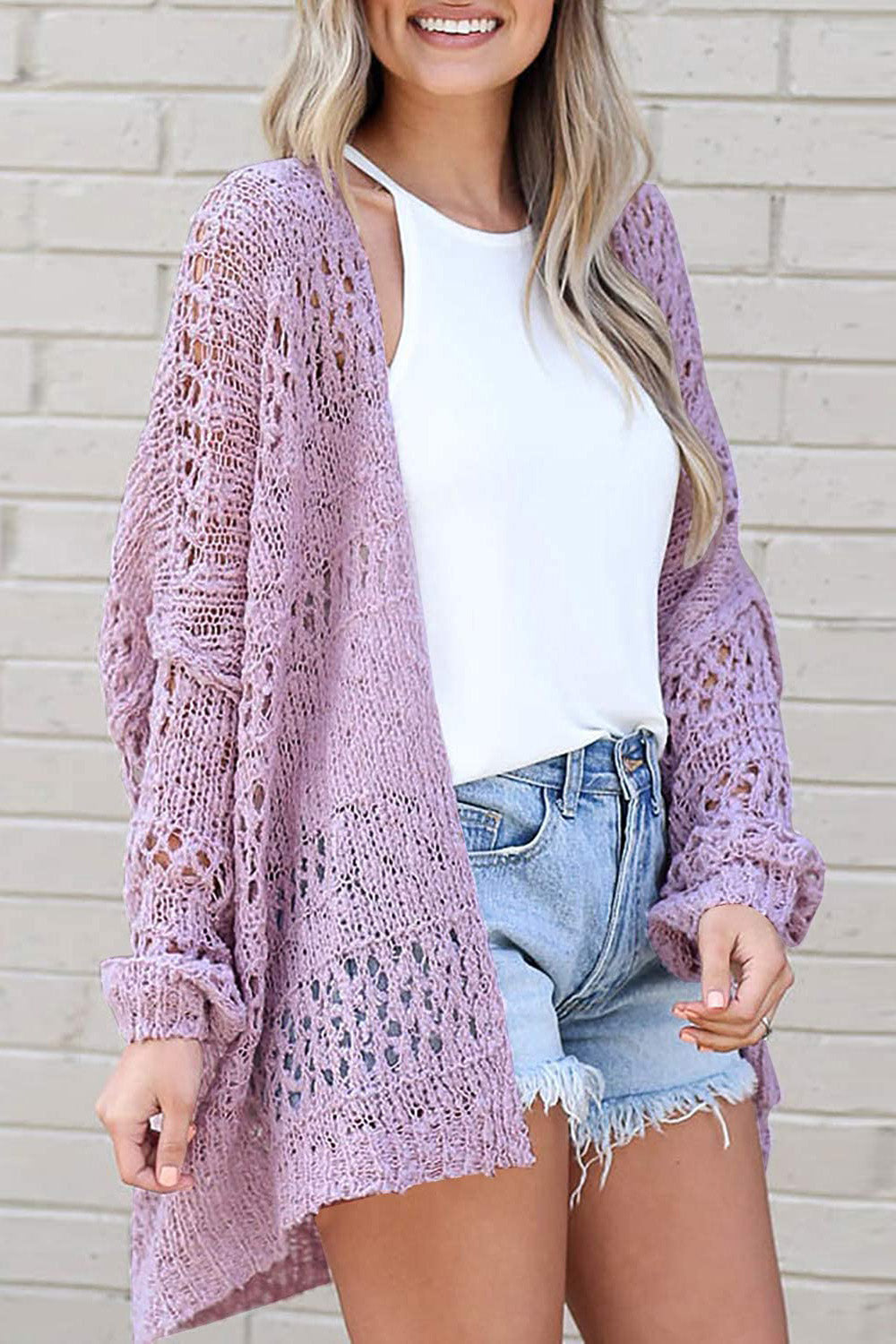 Openwork Open Front Long Sleeve Cardigan in 6 colors