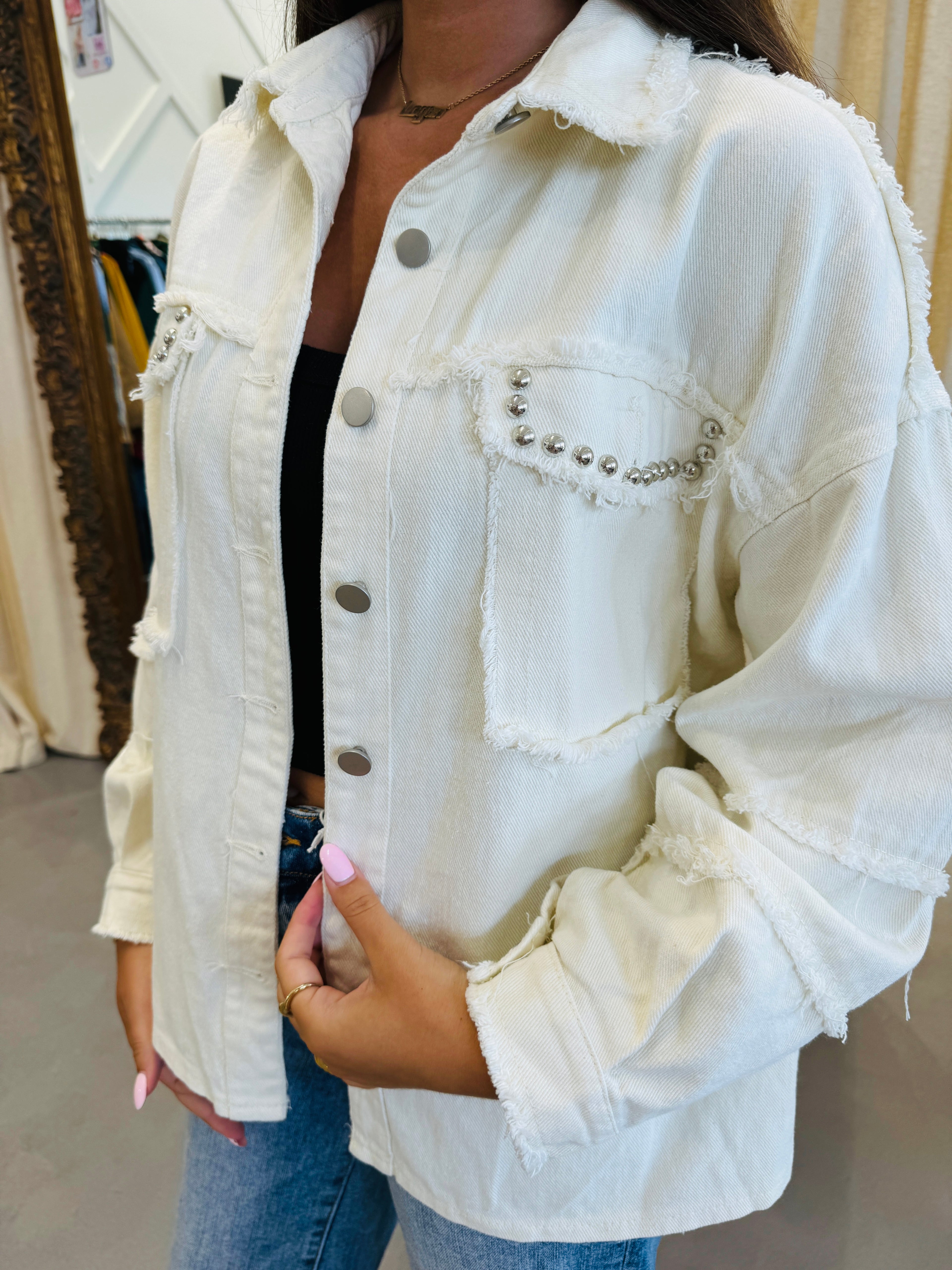 Button Down Raw Hem Denim Jacket