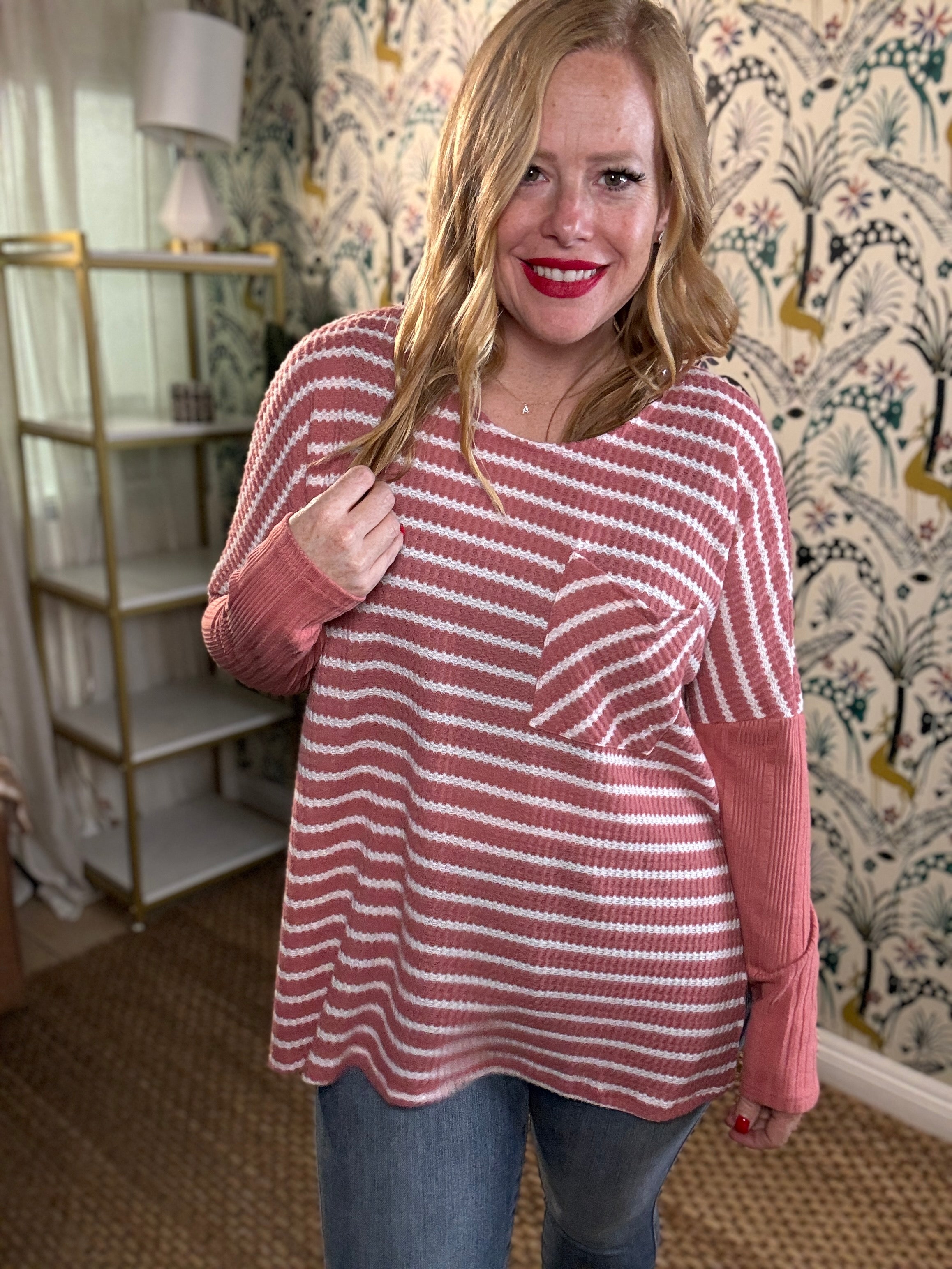 Culture Code Oversize Striped Round Neck Long Sleeve Slit T-Shirt