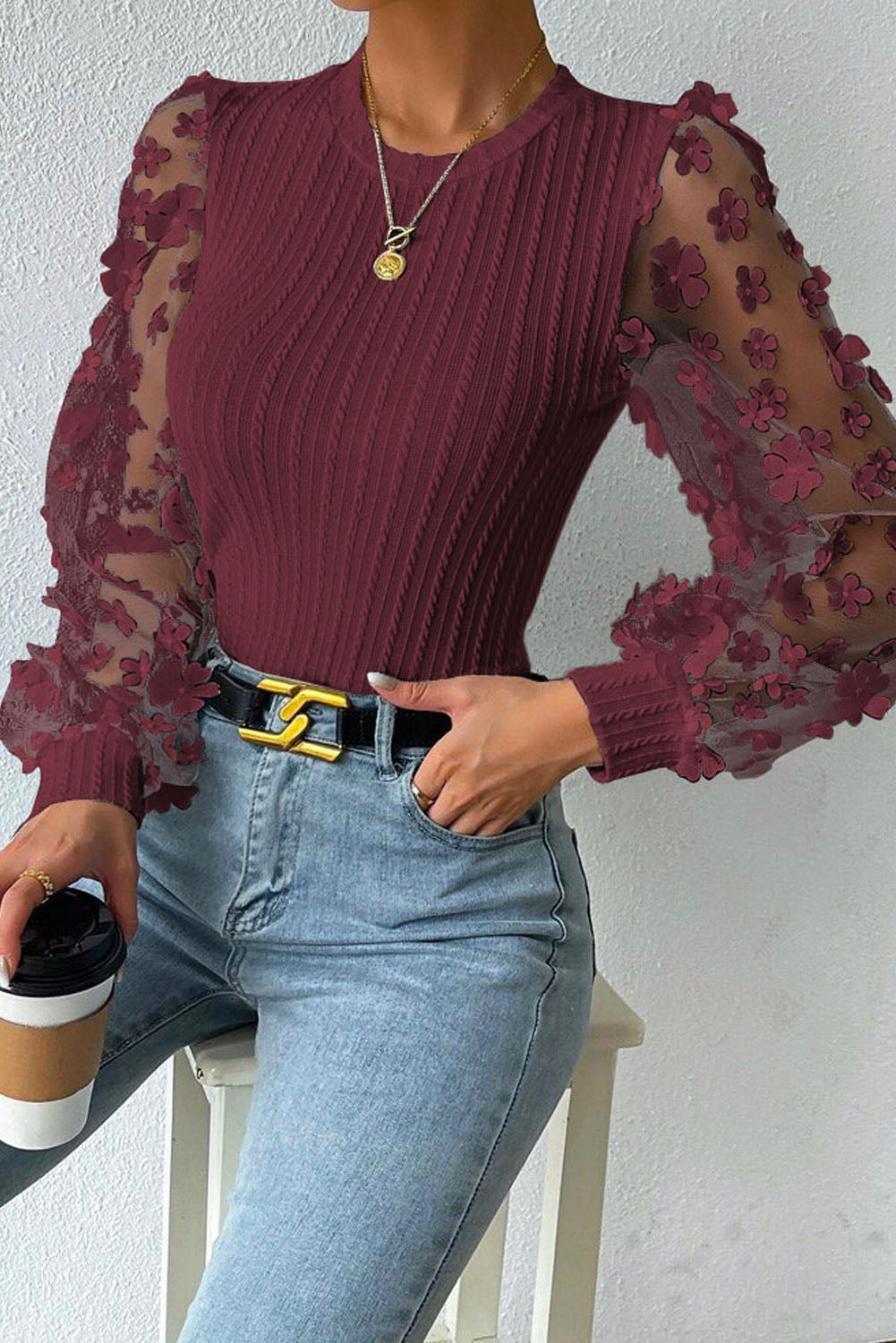 A Touch of Floral Textured Applique Long Sleeve Blouse