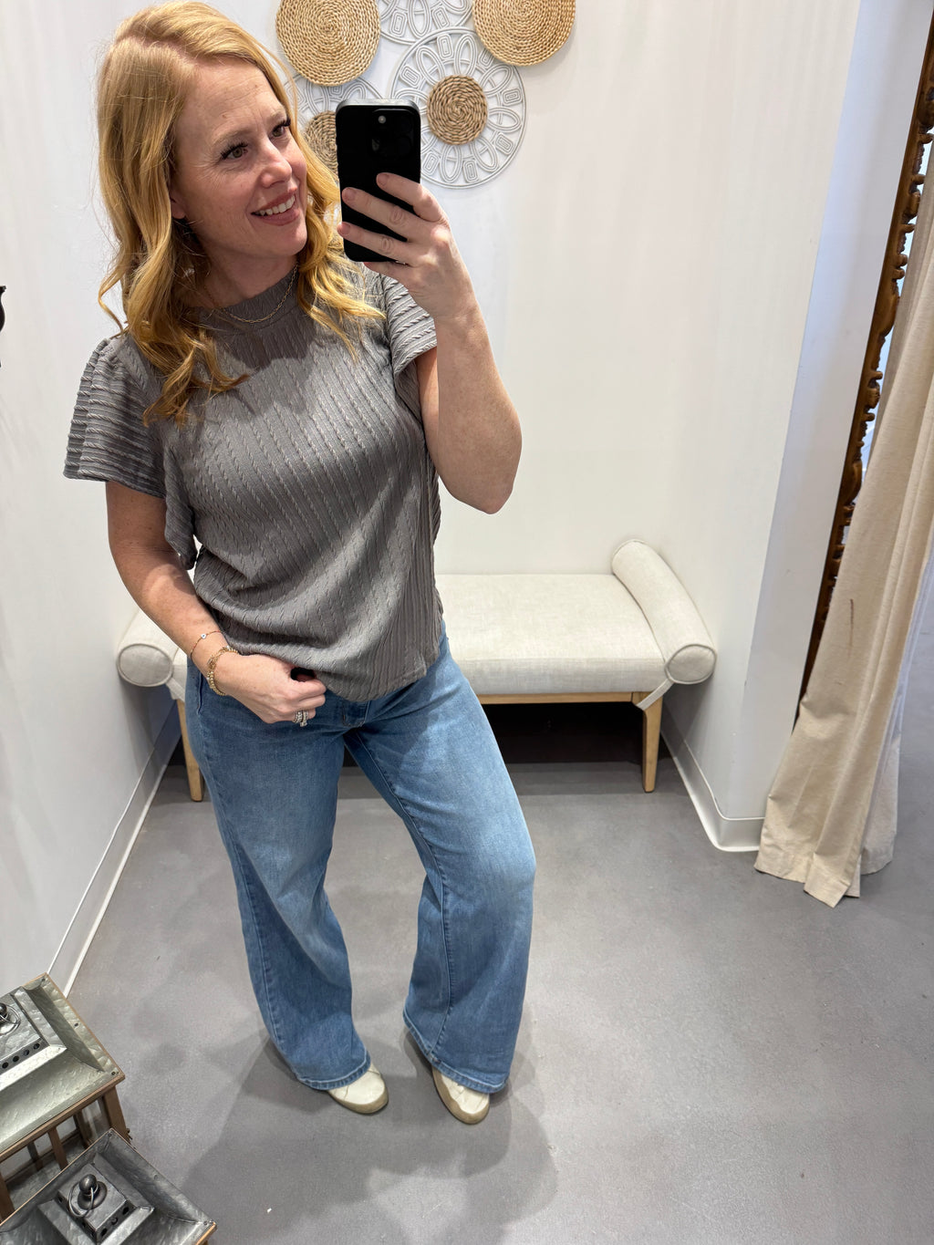 Shay Textured Round Neck Flounce Sleeve Blouse