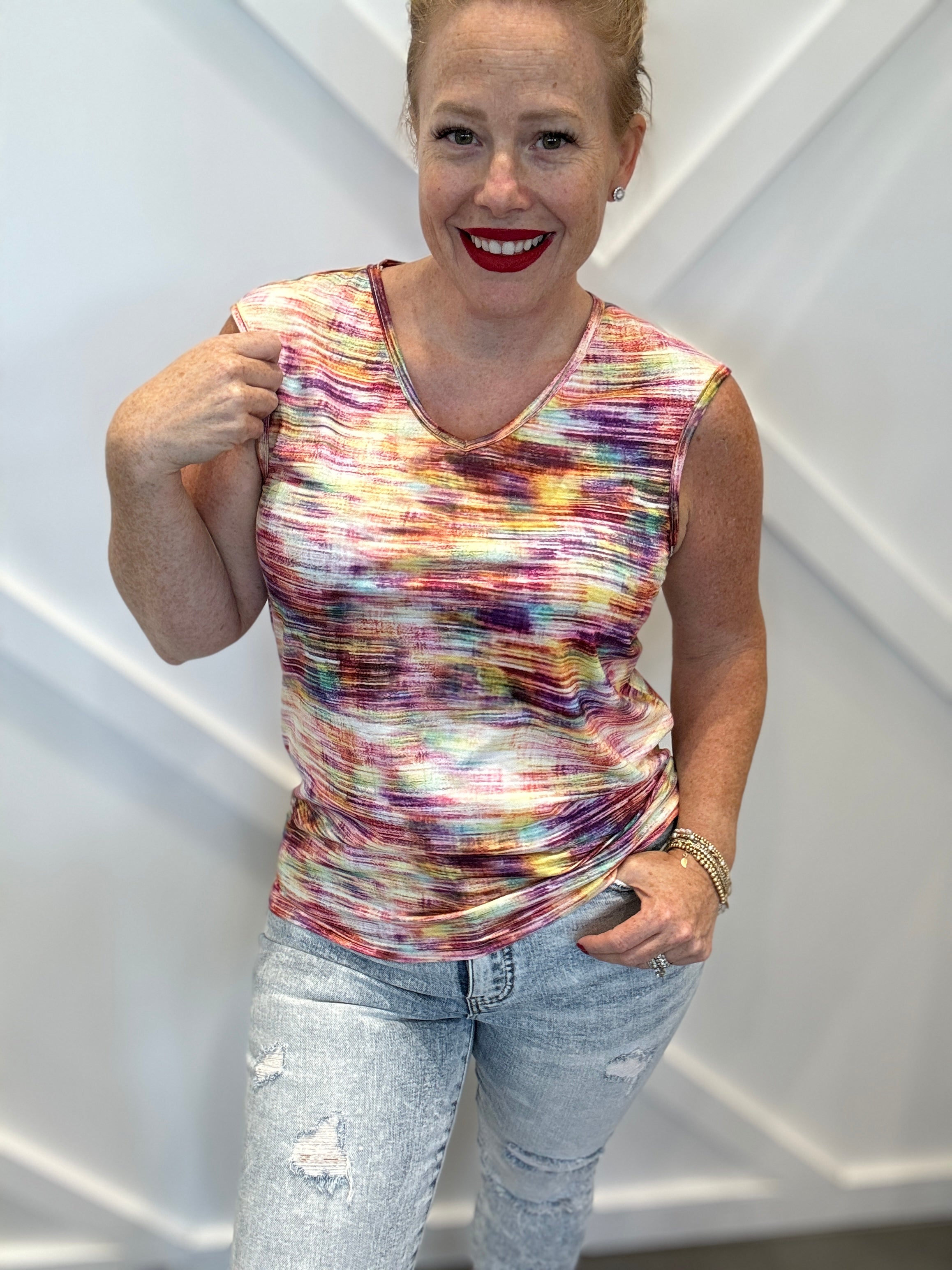 Printed Round Neck Cap Sleeve Top