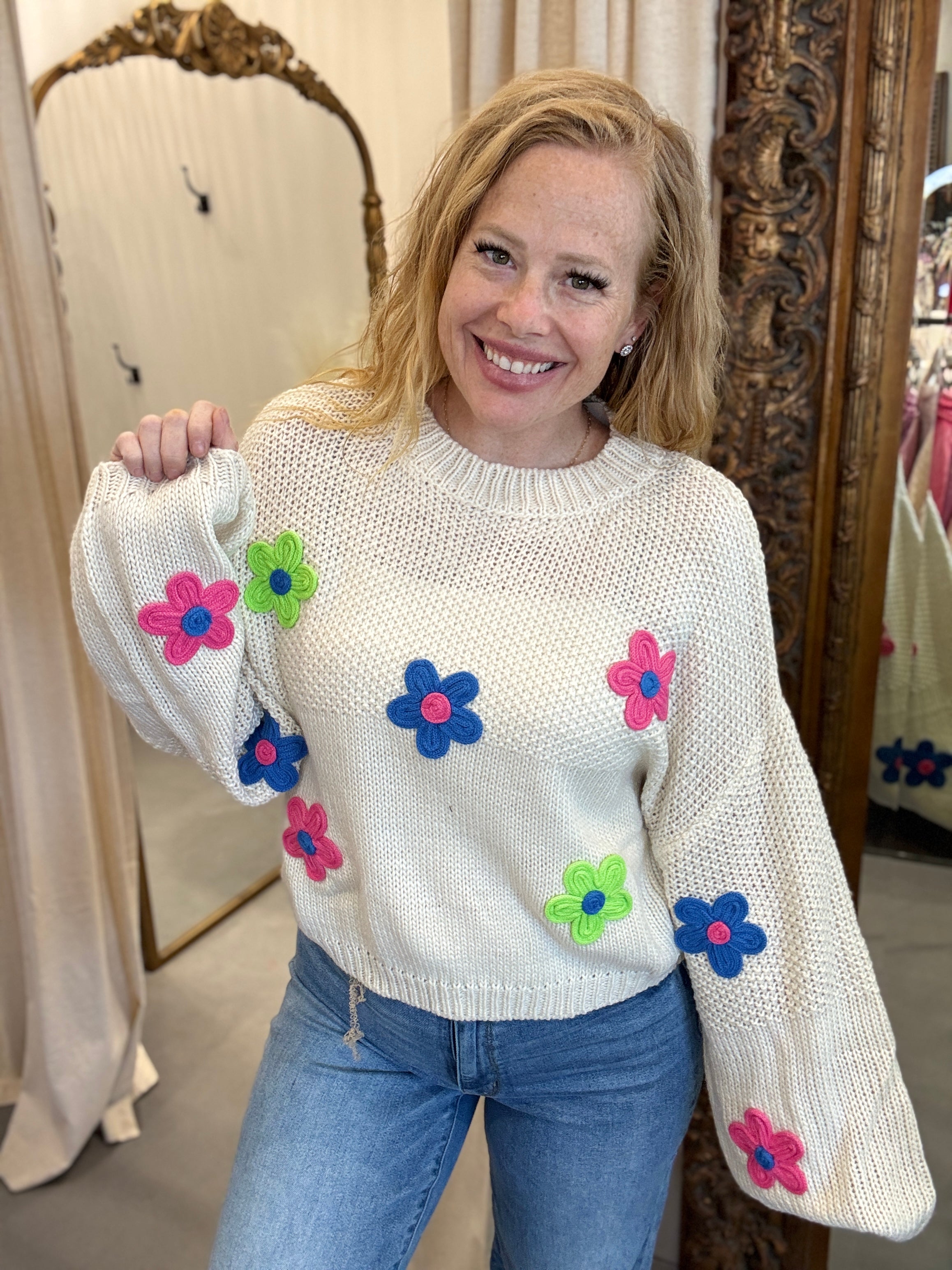 Davi & Dani Live Box - CHUNKY KNIT MULTI CROCHETED FLORAL SWEATER TOP