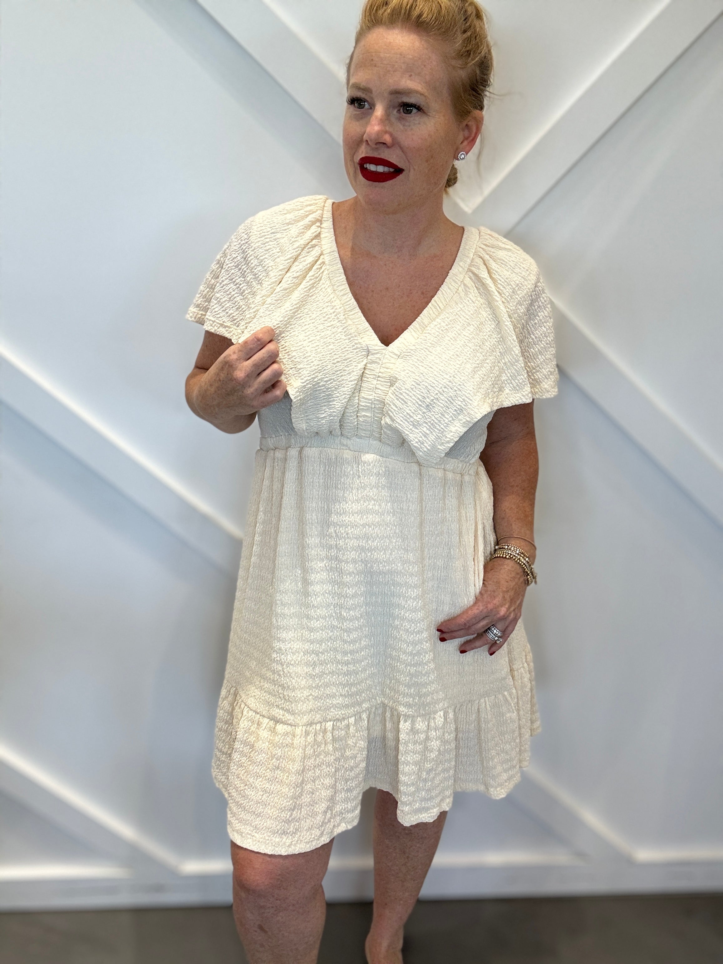 Tied V-Neck Short Sleeve Mini Dress