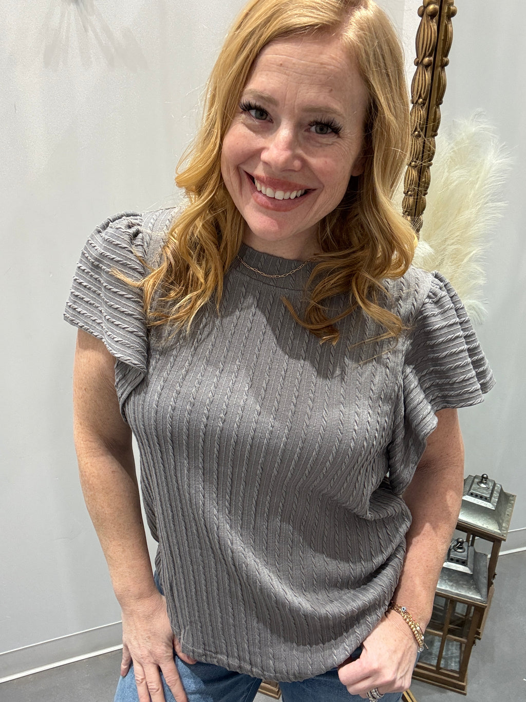 Shay Textured Round Neck Flounce Sleeve Blouse