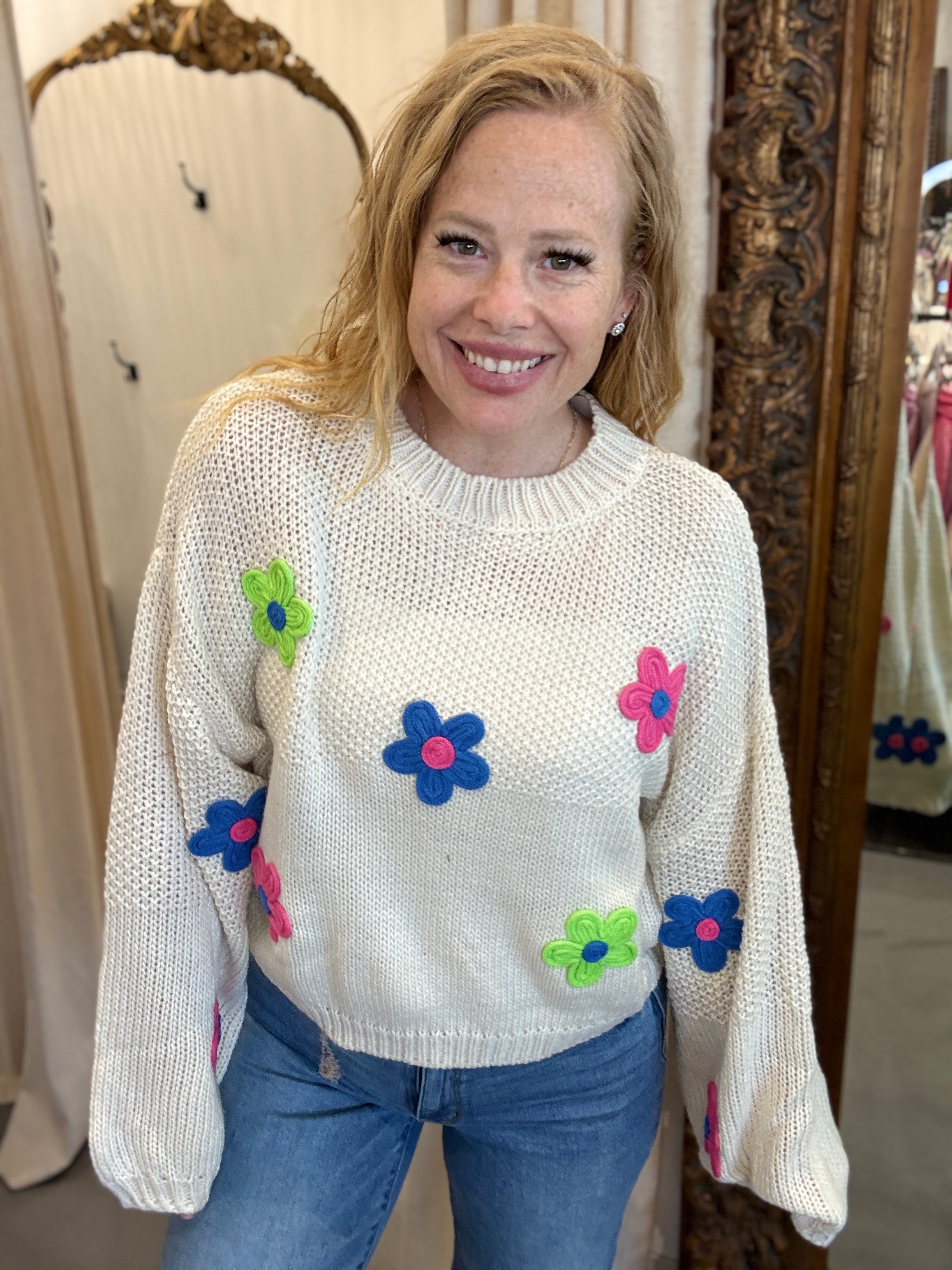 Davi & Dani Live Box - CHUNKY KNIT MULTI CROCHETED FLORAL SWEATER TOP