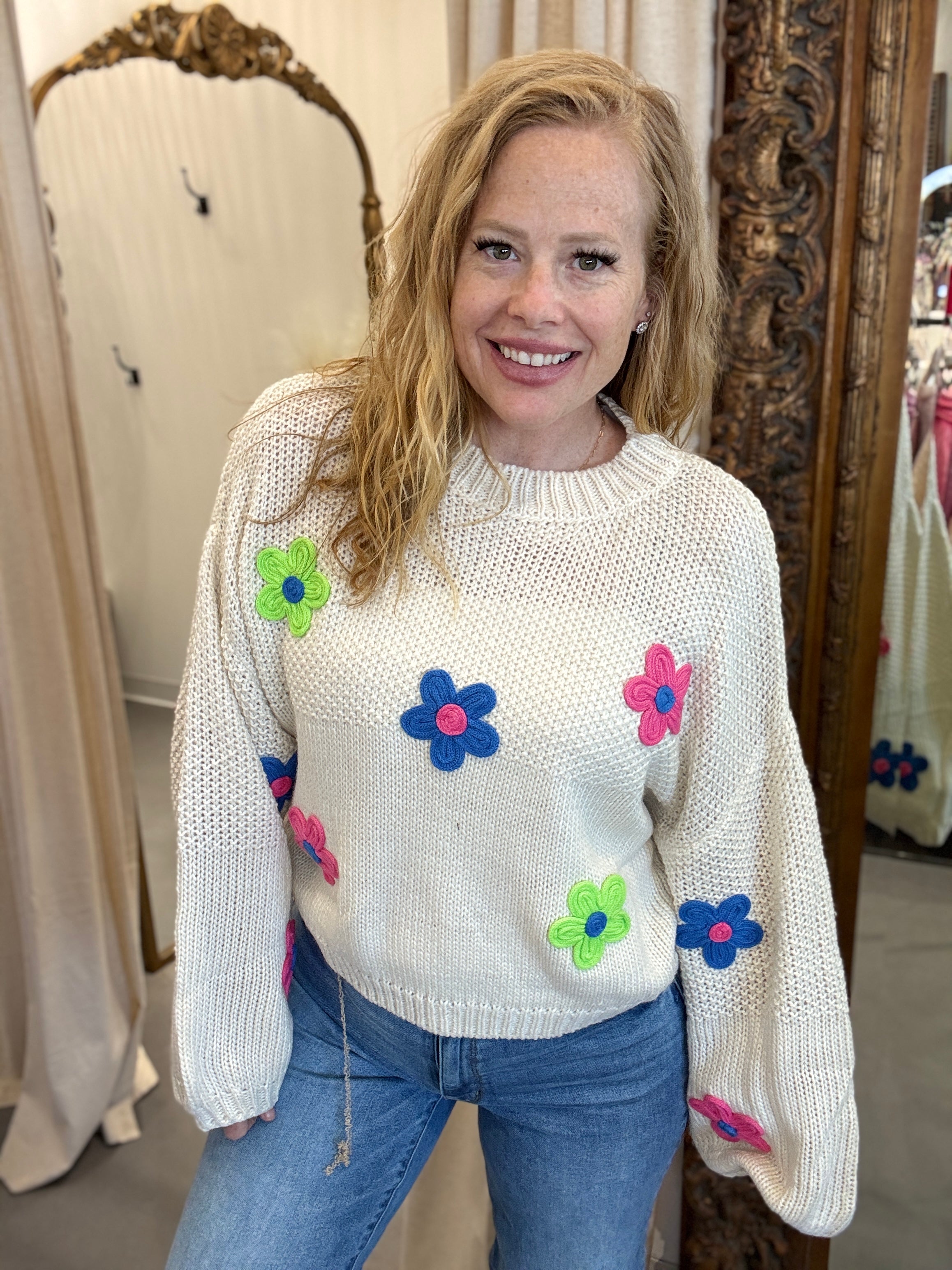 Davi & Dani Live Box - CHUNKY KNIT MULTI CROCHETED FLORAL SWEATER TOP