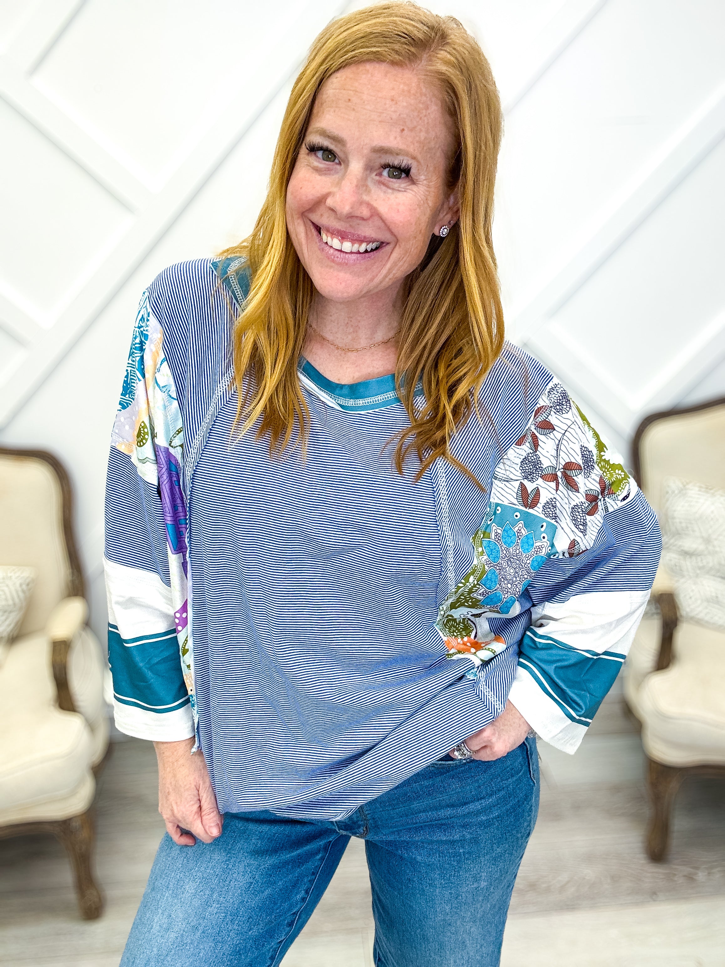 Striped Floral Patchwork Round Neck Top