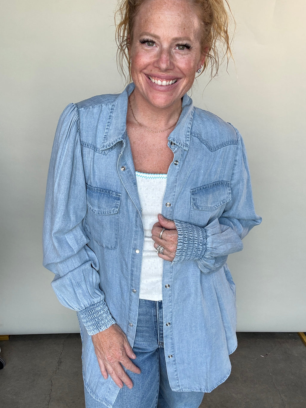 Chambray All Day Shacket by White Birch