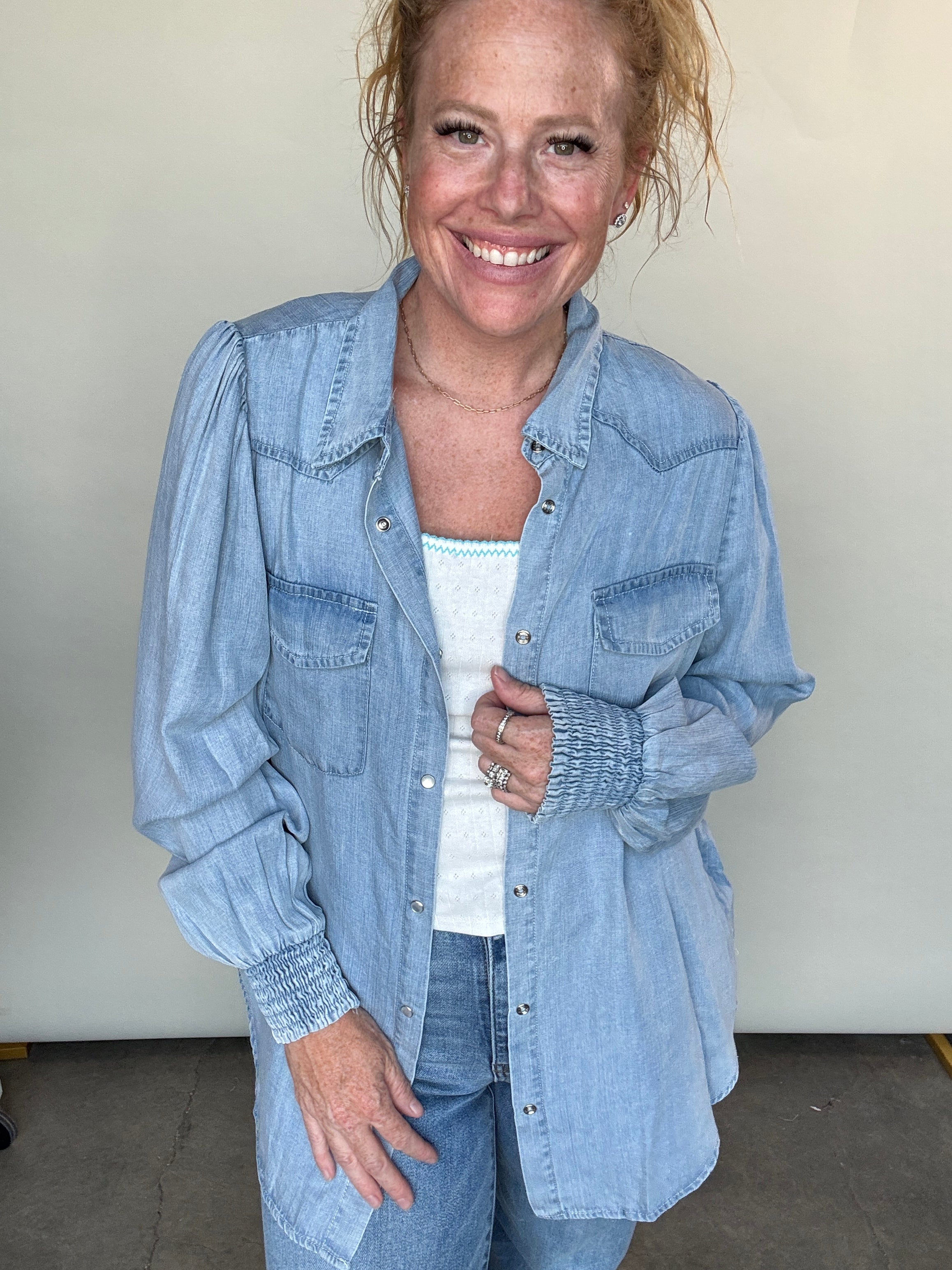 Chambray All Day Shacket by White Birch