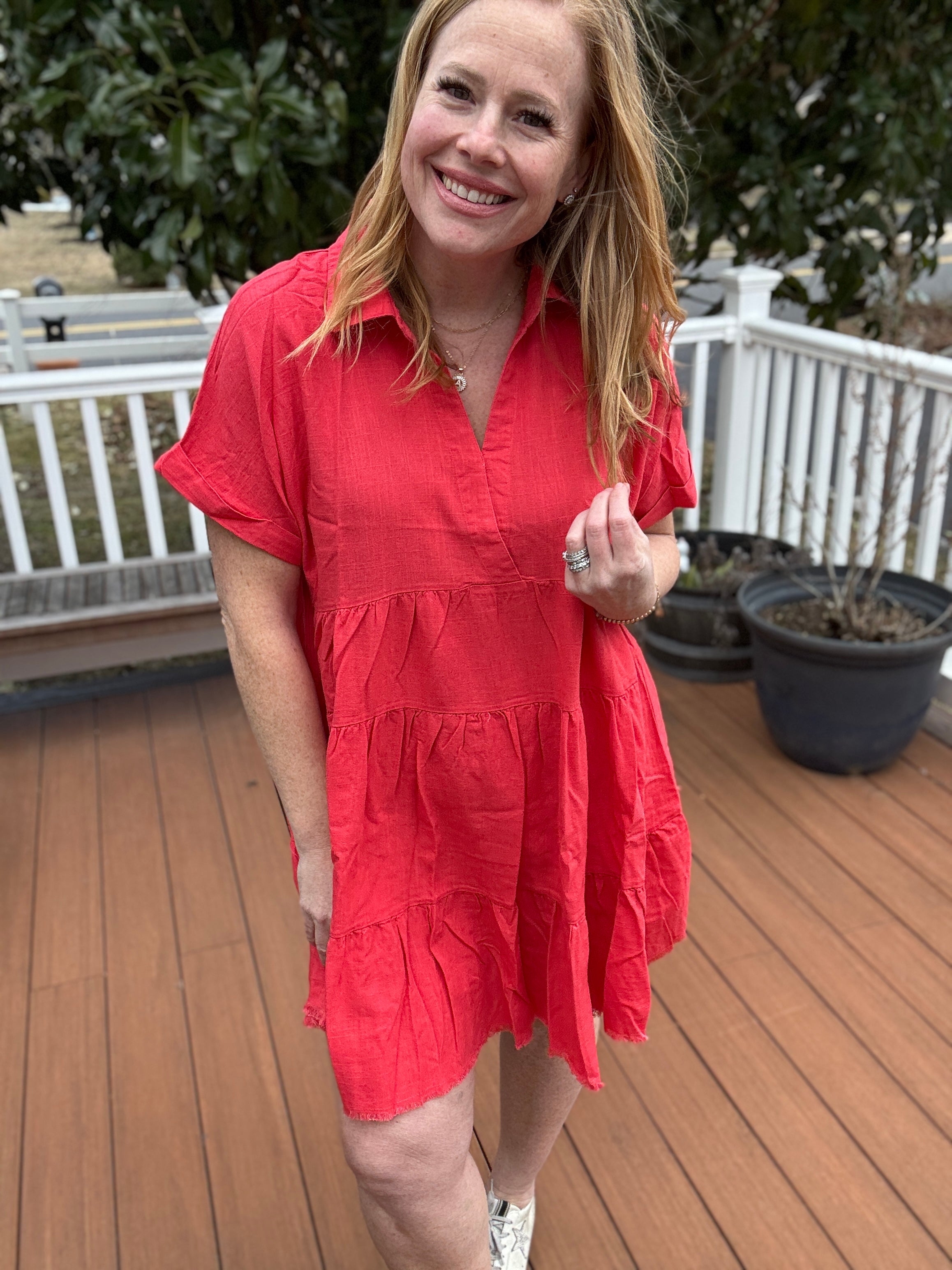 Umgee Full Size Raw Hem Folded Sleeve Tiered Dress Plus Size